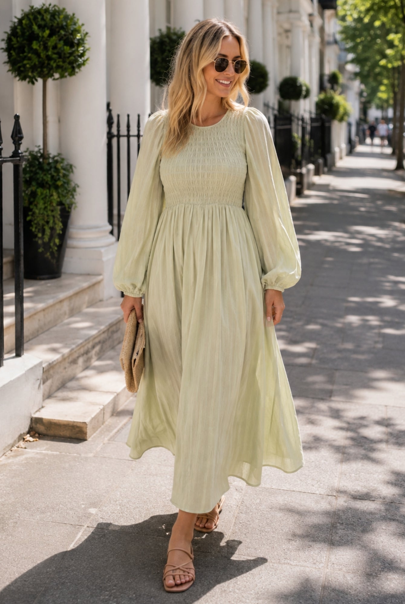 Women's soft khaki long sleeve cotton midi dress with smocked bodice, the Iolana Dress in Soft Khaki Long Sleeve by Esther & Co