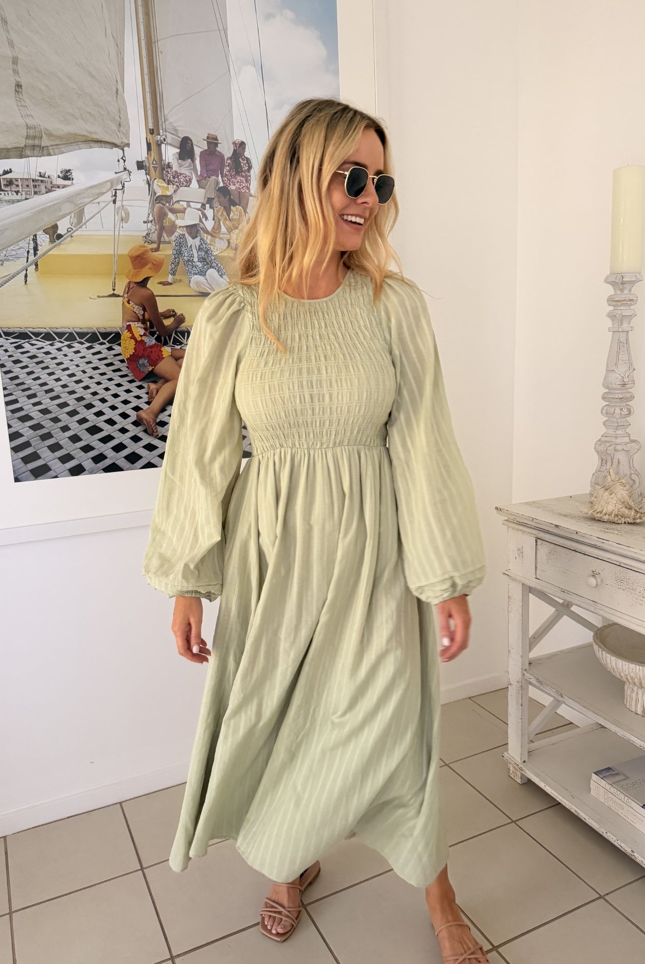 Iolana Dress in Soft Khaki Long Sleeve womens long sleeve khaki midi close up detail