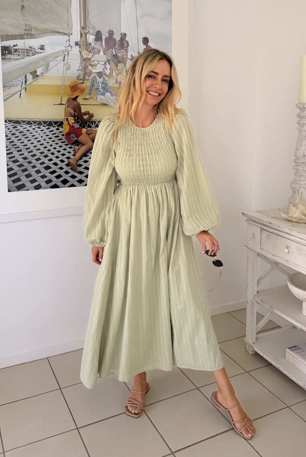 Iolana Dress in Soft Khaki Long Sleeve soft khaki long sleeve womens midi back view