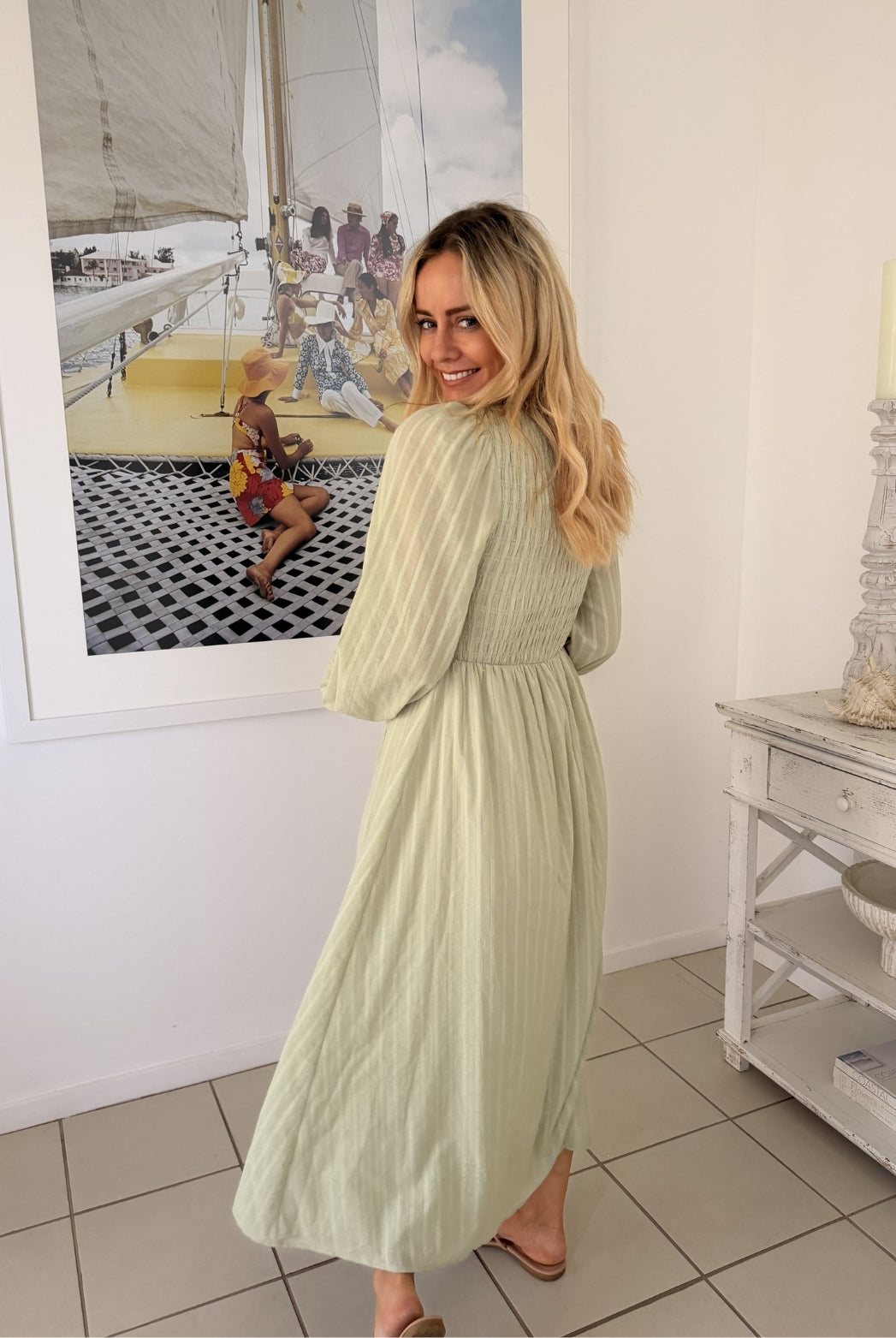 Iolana Dress in Soft Khaki Long Sleeve soft khaki long sleeve cotton midi side view