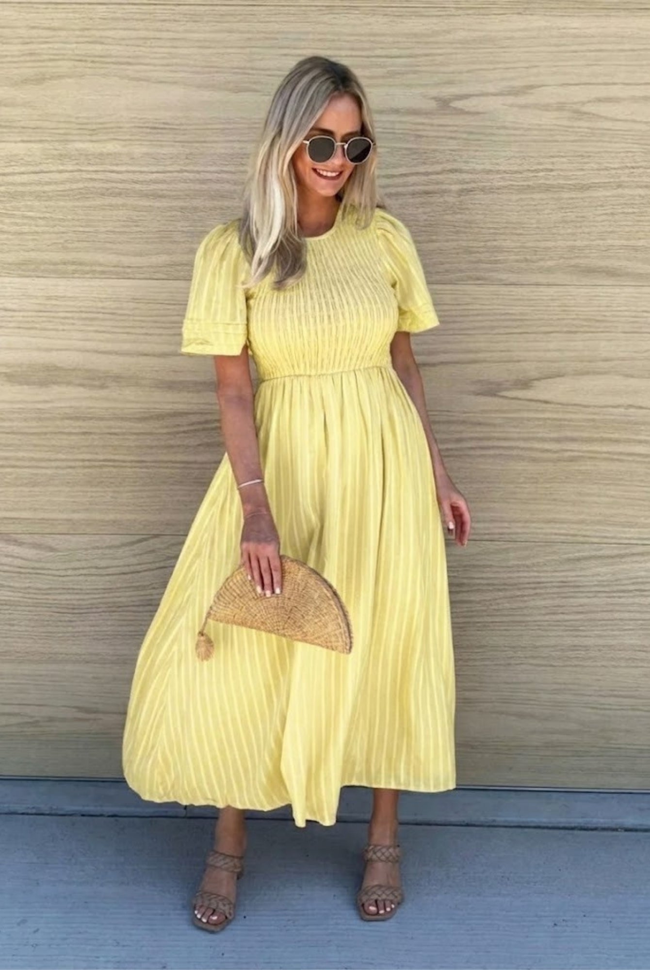 Women's yellow midi dress with double layered flutter sleeves by Esther & Co