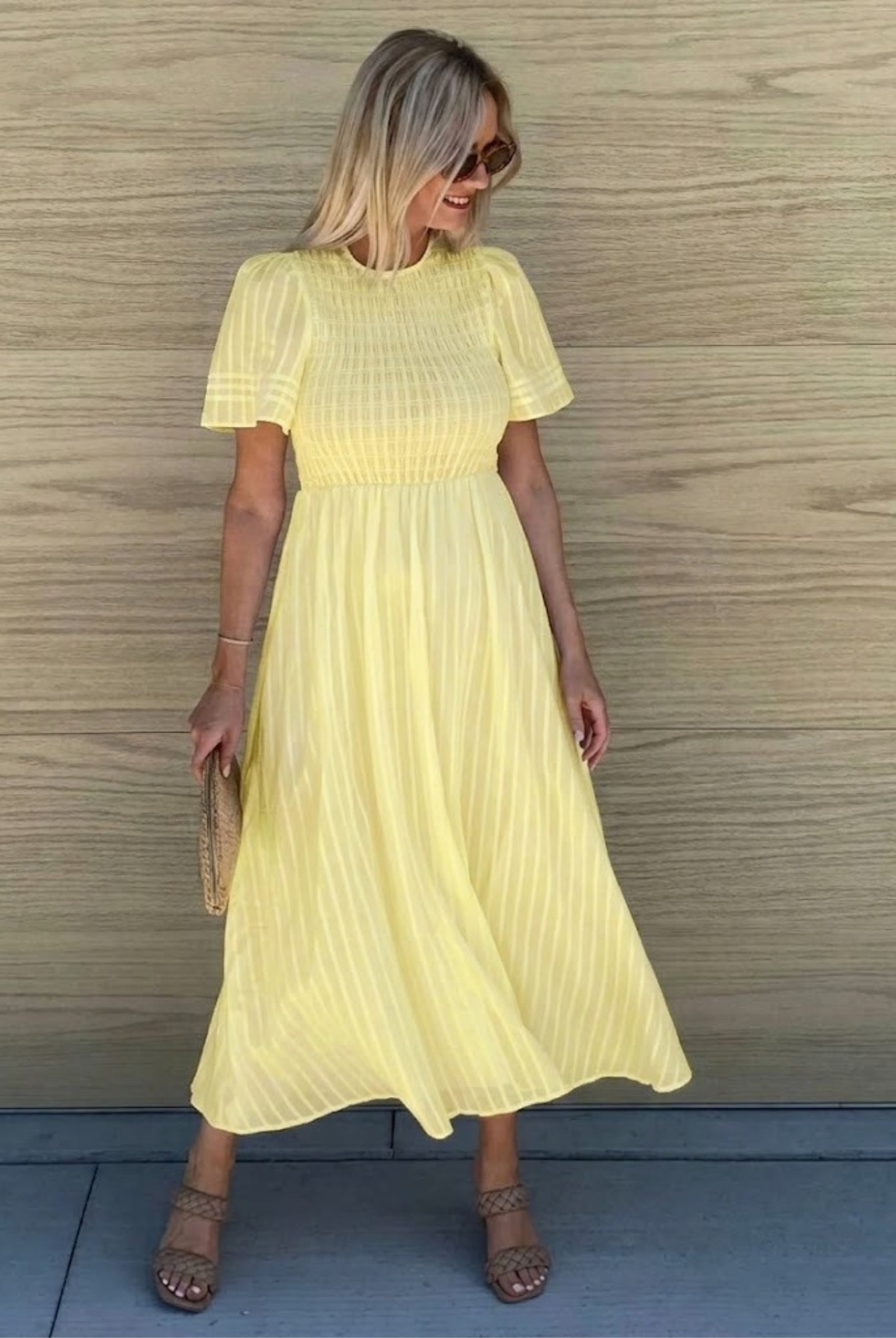 Women's sunshine yellow a-line midi dress with crew neckline by Esther & Co