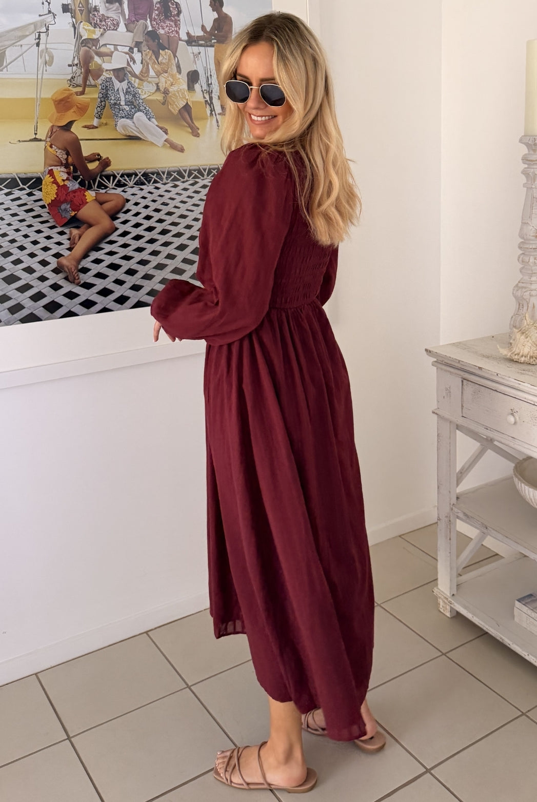 Iolana wine long sleeve cotton midi dress, styled view