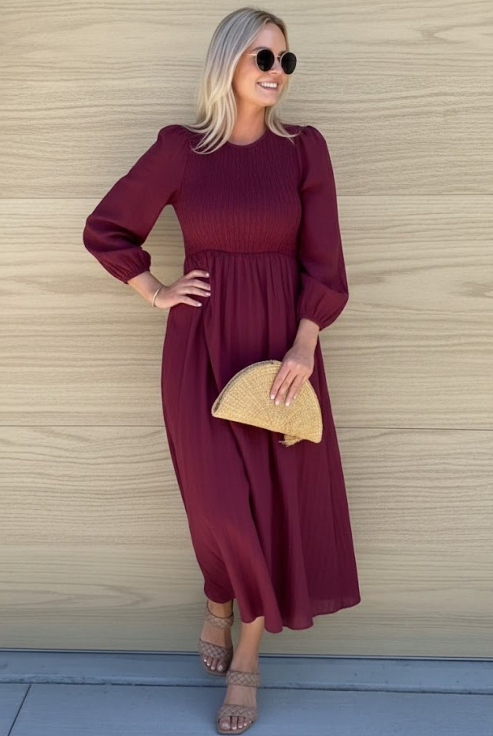 Front view of the Iolana Wine Long Sleeve Midi Dress showing the round neckline and textured A-line fit