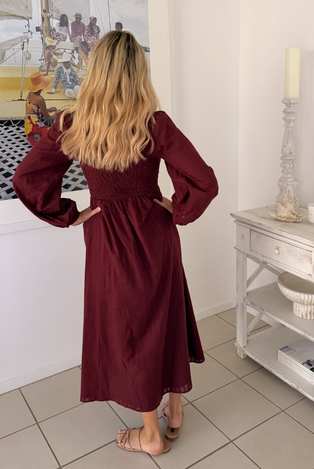Iolana wine long sleeve midi dress, side view