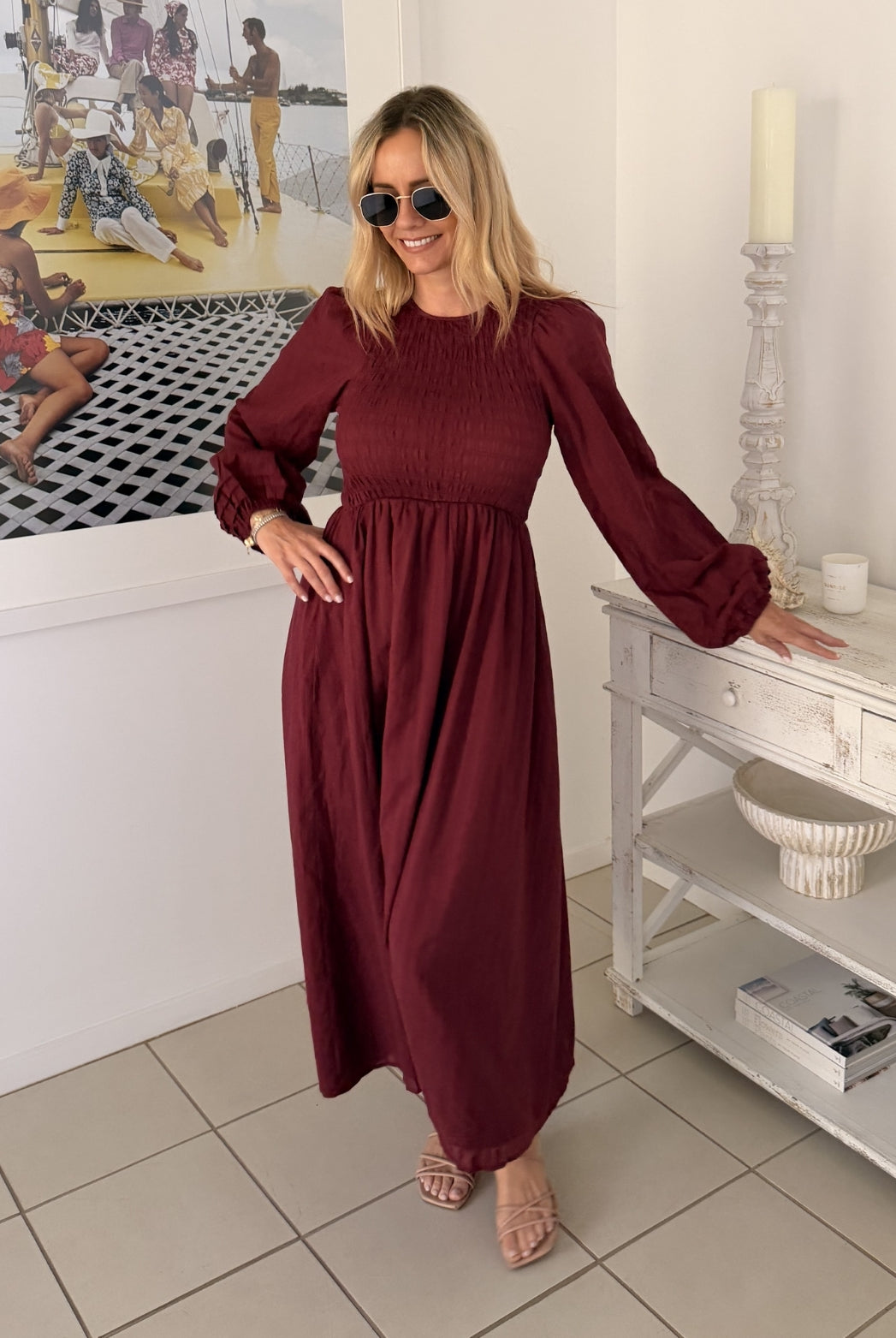 Iolana wine long sleeve cotton midi dress, full length