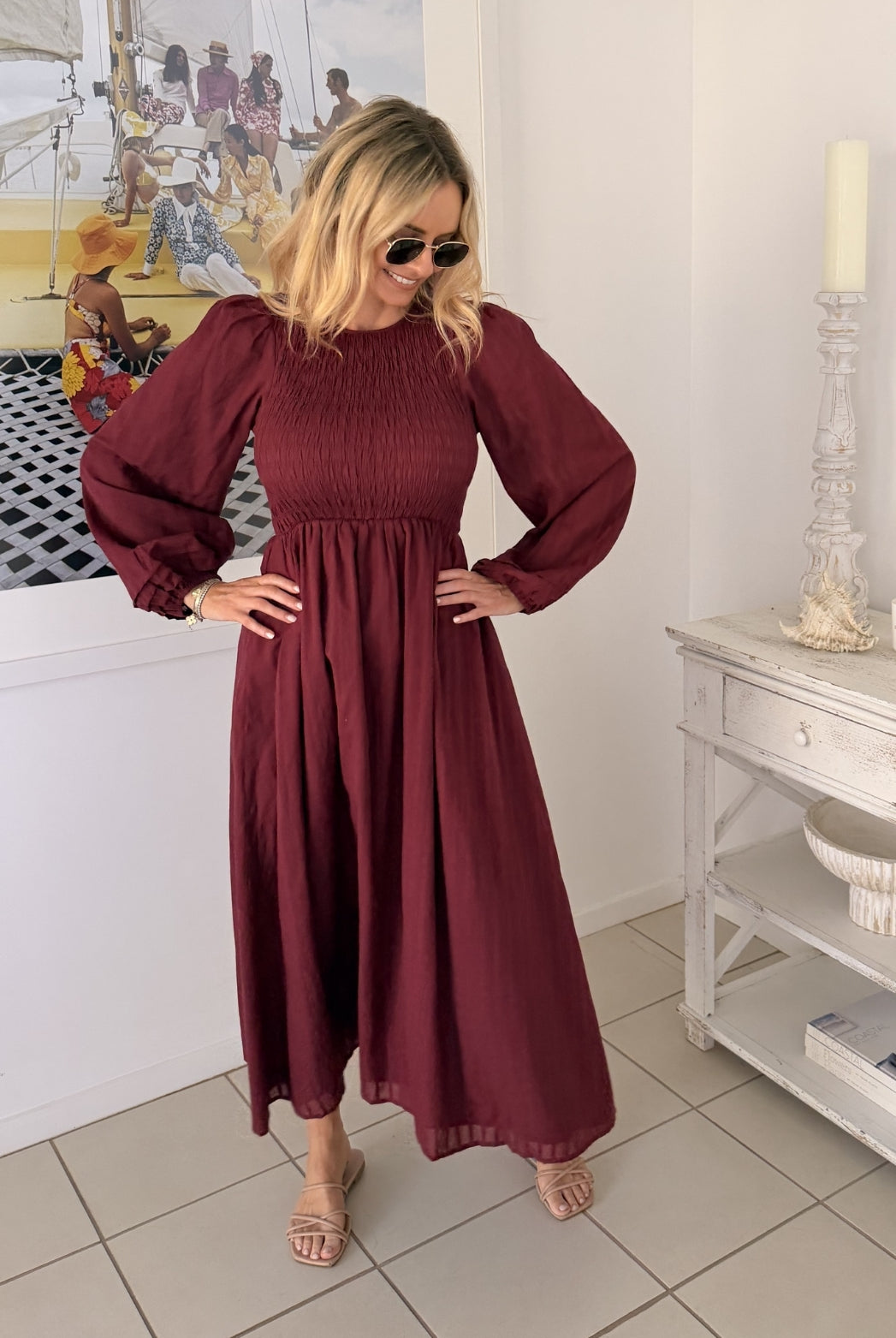 Iolana wine long sleeve smock midi dress, detail view