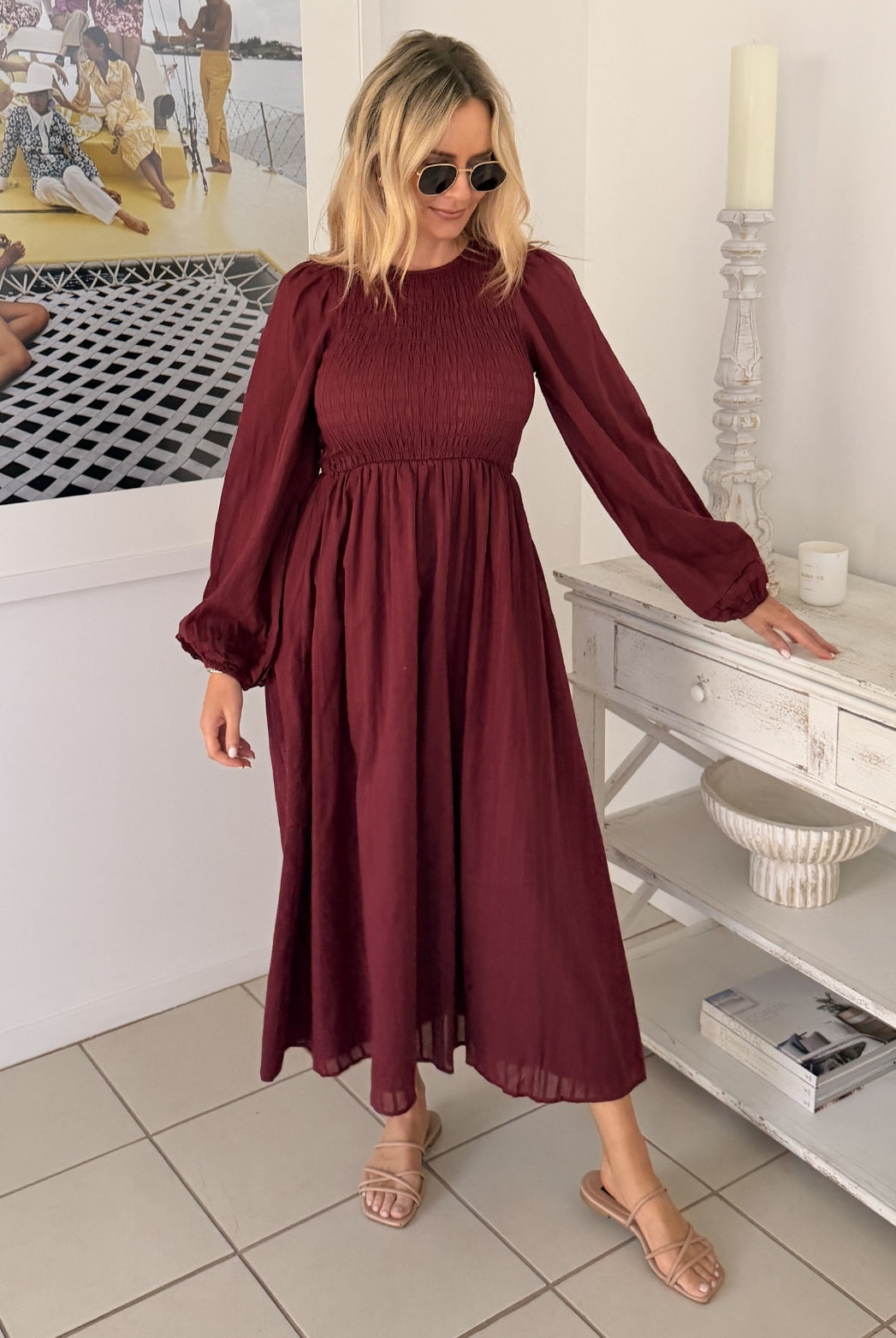 Iolana wine long sleeve midi dress, back view