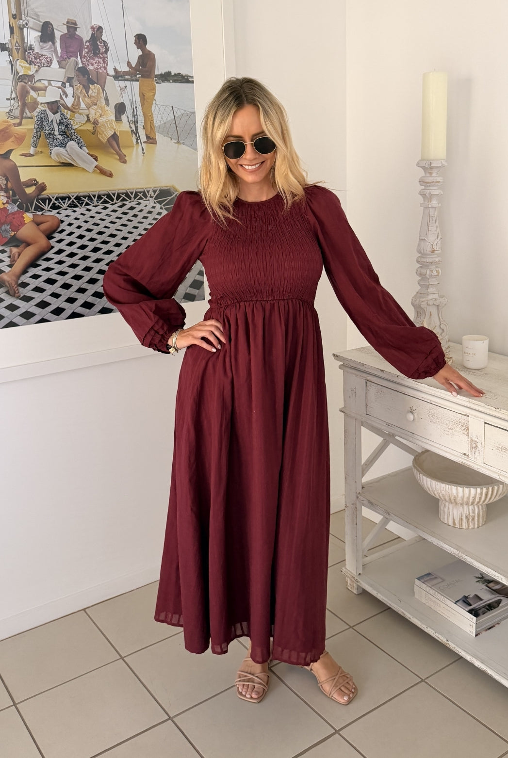Iolana wine long sleeve cotton midi dress, styled look