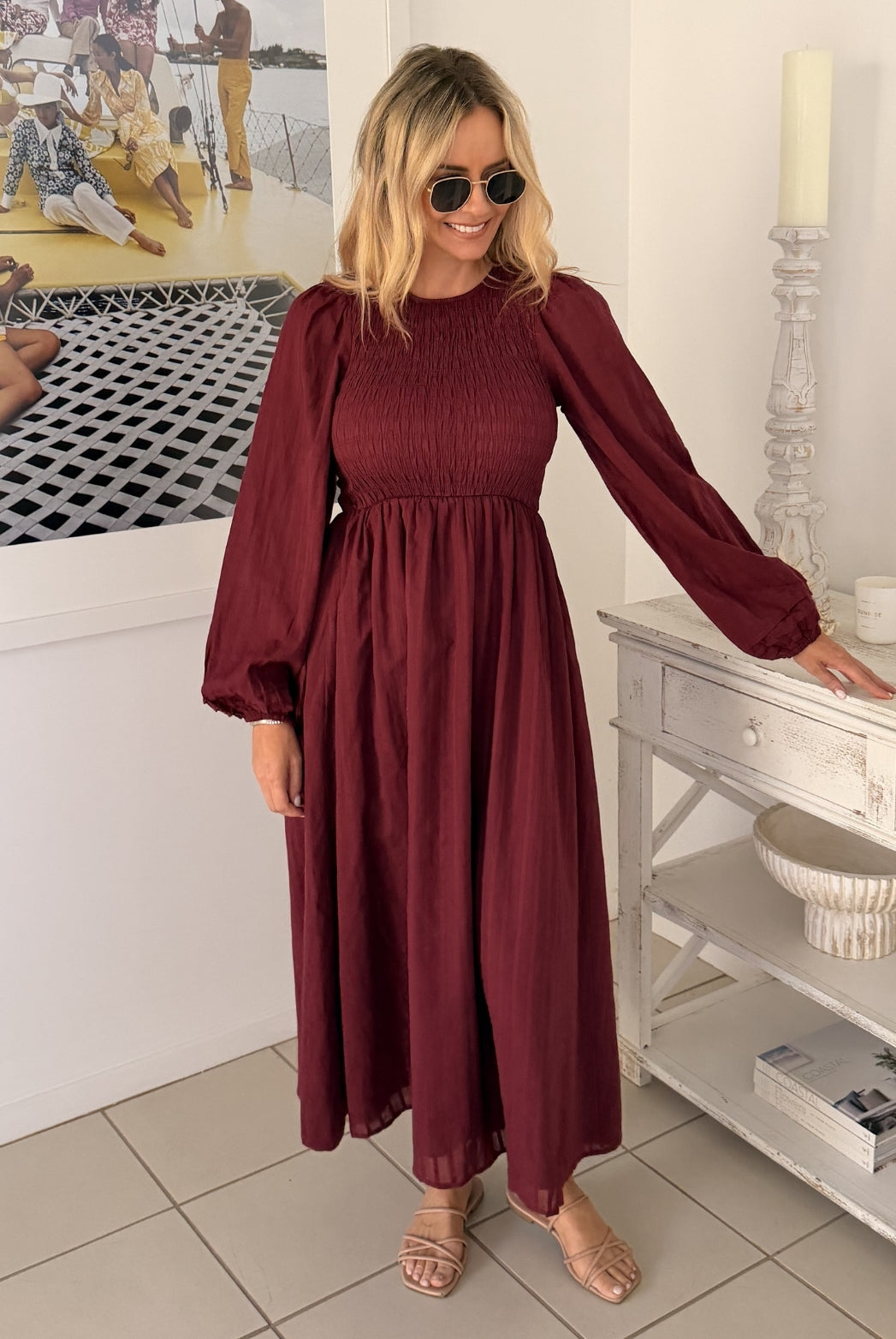 Iolana wine long sleeve midi dress, alternate view