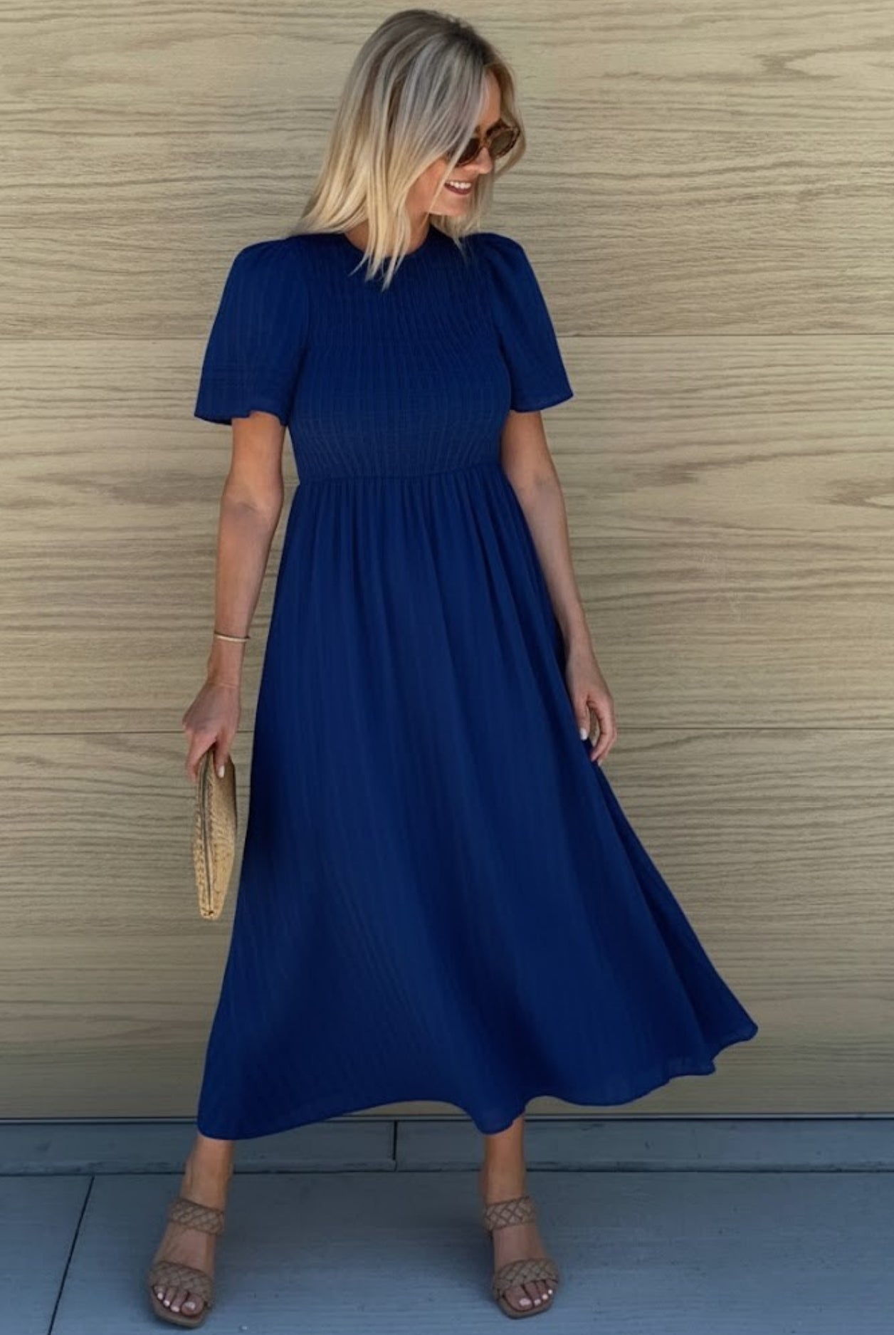 Women's navy shirred A-line midi dress, the Iolana Dress in Navy by Esther & Co