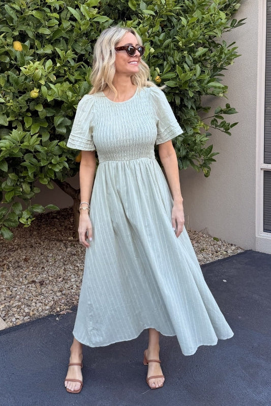 Iolana Dress in Soft Khaki womens cotton smock midi dress in soft khaki front view