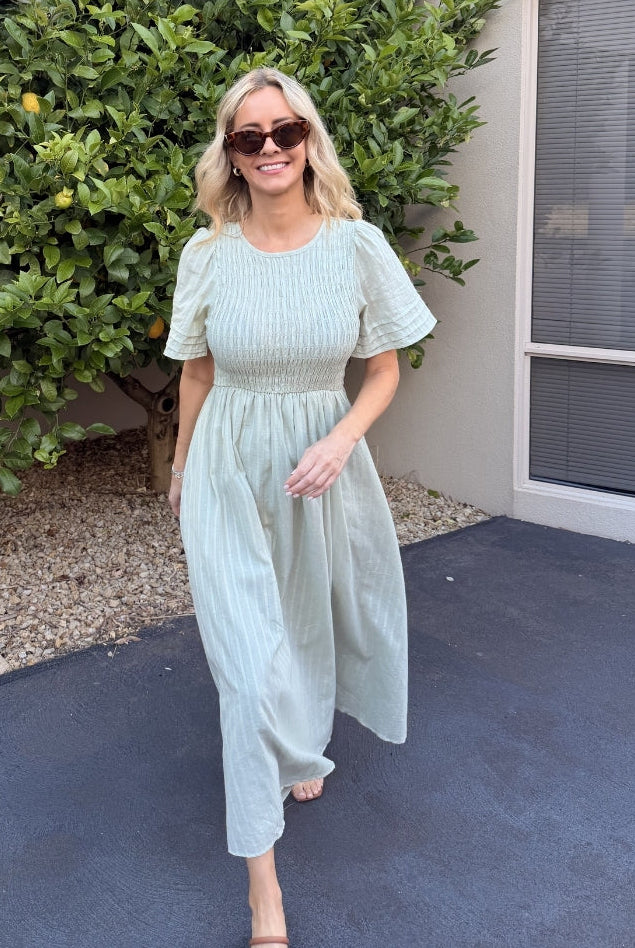 Iolana Dress in Soft Khaki womens soft khaki midi styled outfit