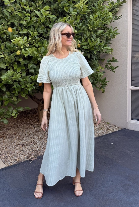 Iolana Dress in Soft Khaki soft khaki smock midi dress full length