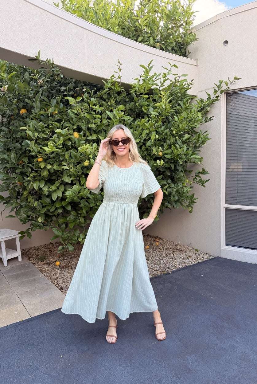 Iolana Dress in Soft Khaki soft khaki womens midi dress styled look