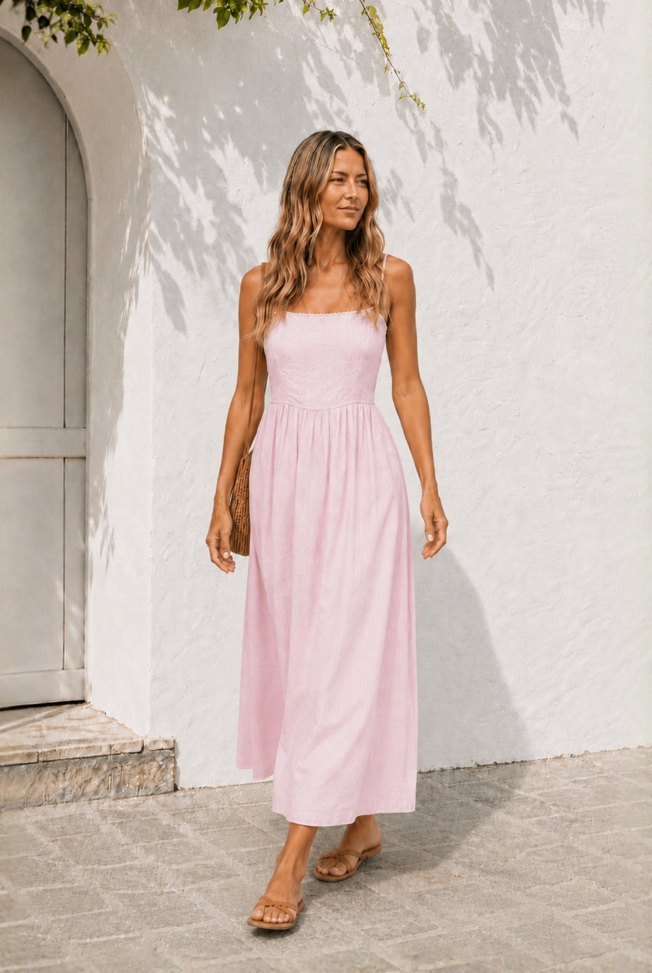 Women's pastel pink cotton maxi dress with square neckline, the Janiella Dress in Pastel Pink by Esther & Co