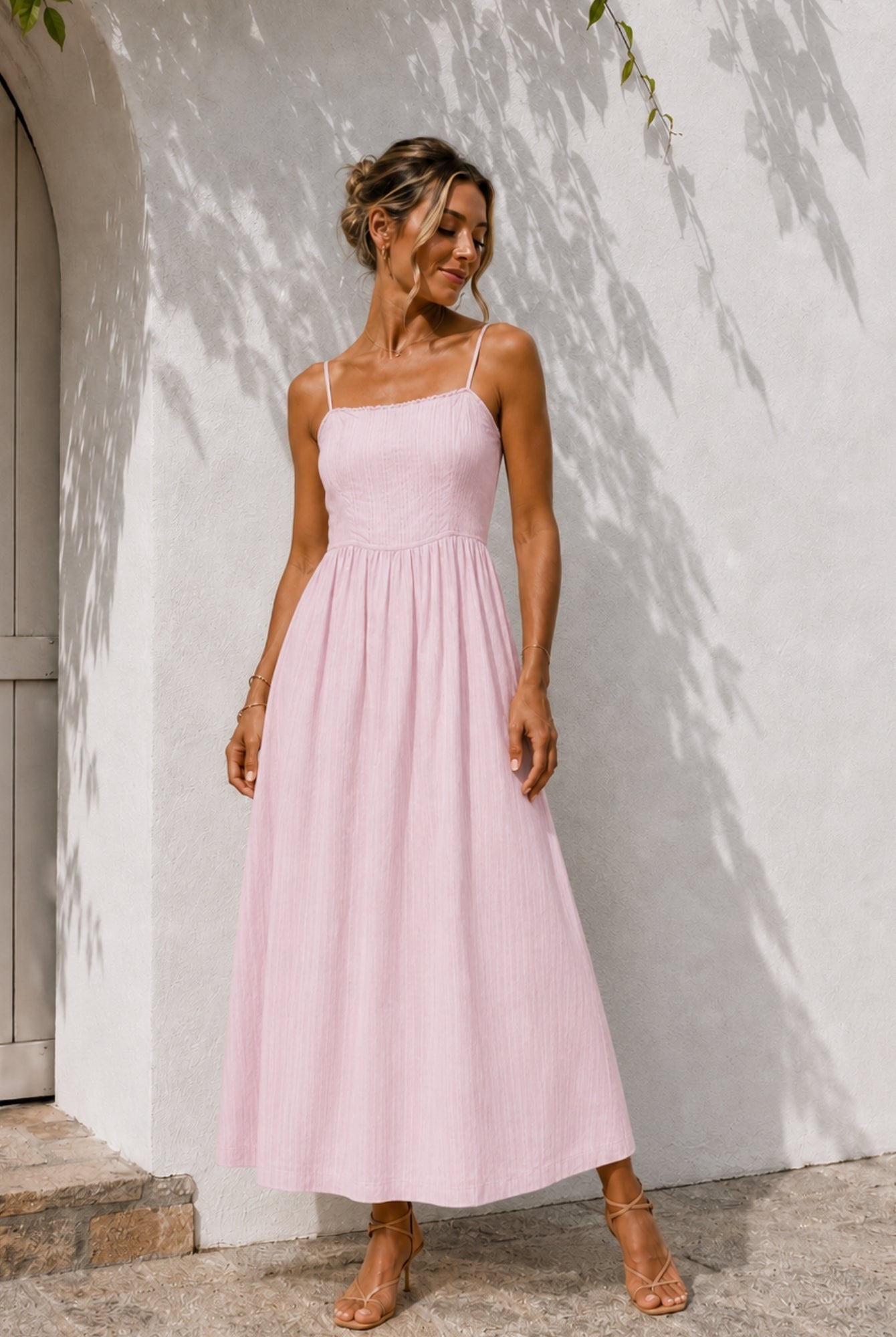 Women's pastel pink cotton midi dress with scalloped square neckline, the Janiella Dress in Pastel Pink by Esther & Co