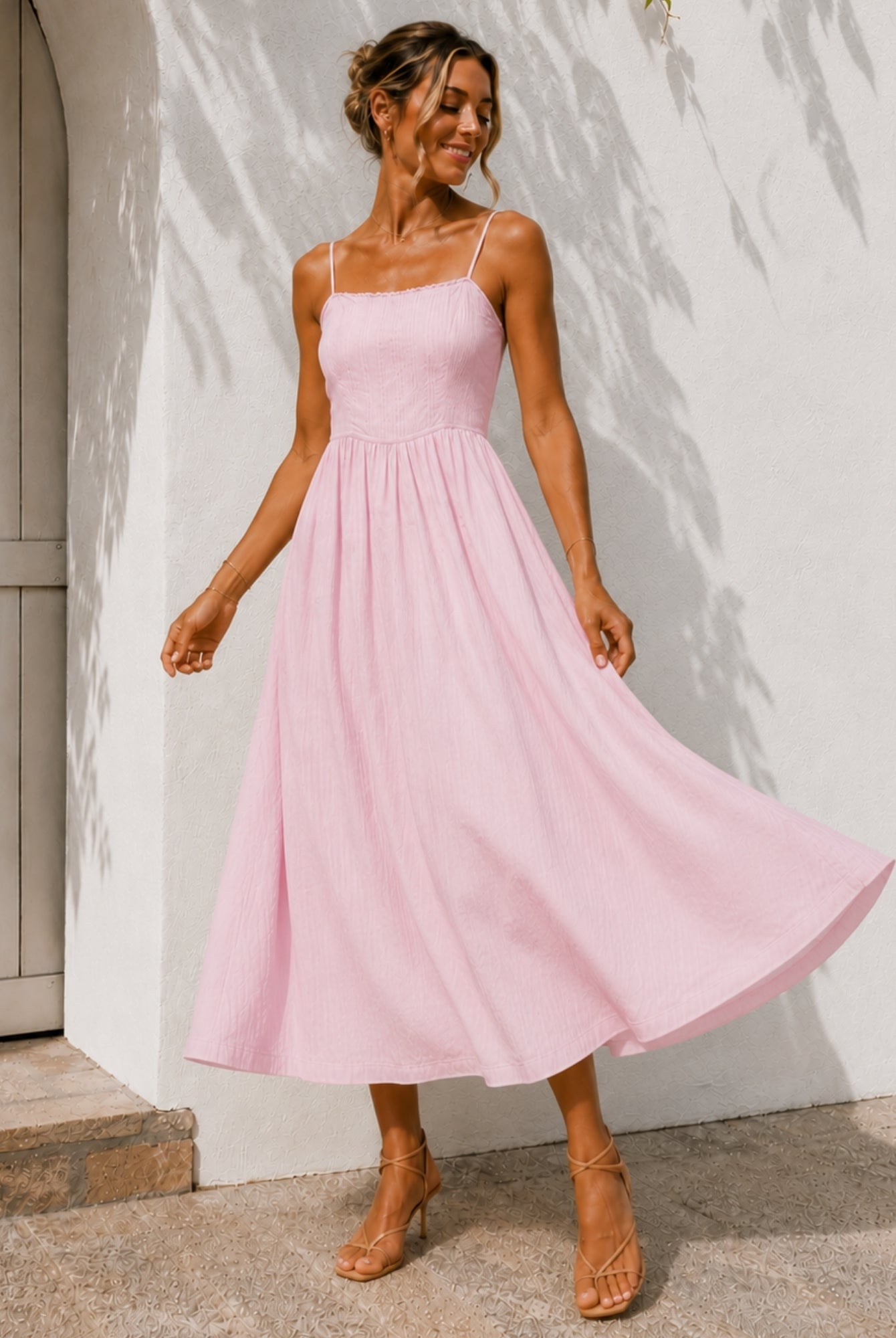 Women's pastel pink cotton midi dress front view by Esther & Co