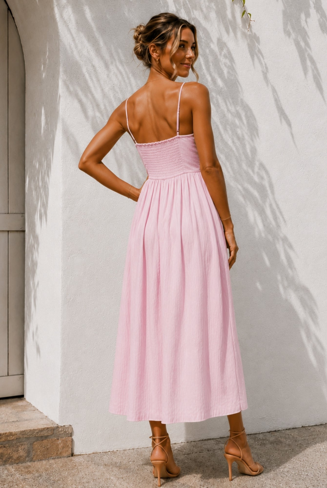Women's pastel pink A-line midi dress side view by Esther & Co
