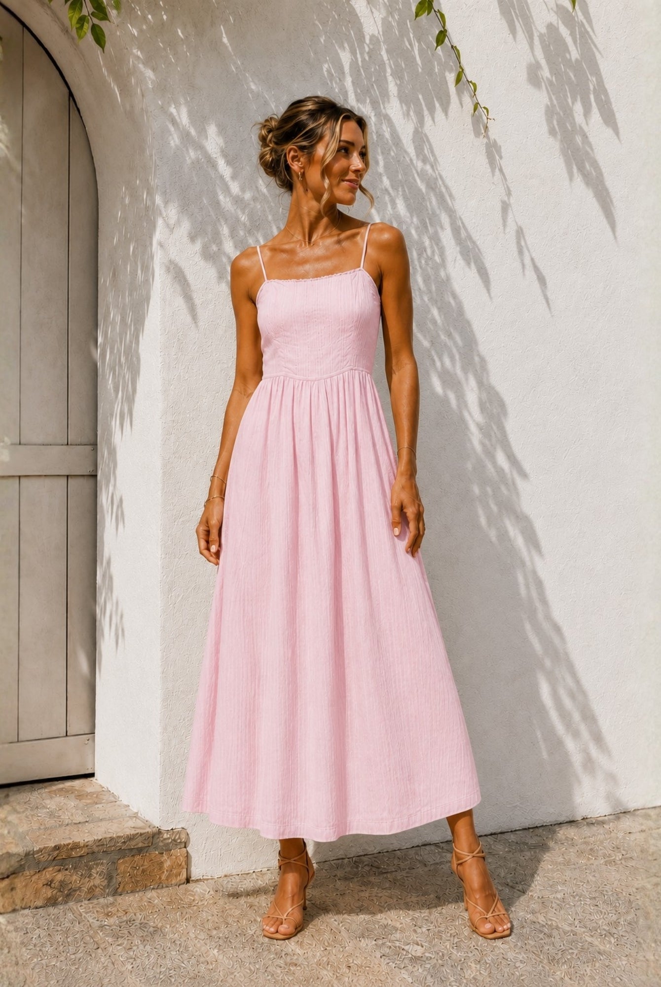 Women's pastel pink cotton midi dress back view by Esther & Co