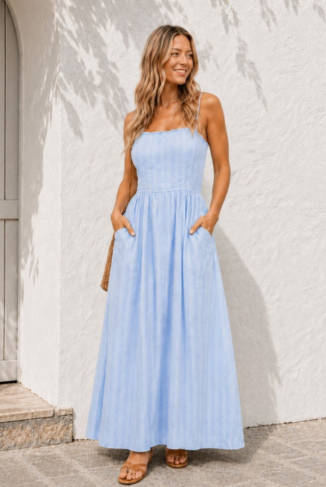 Women's powder blue cotton maxi dress with ruffled square neckline by Esther & Co