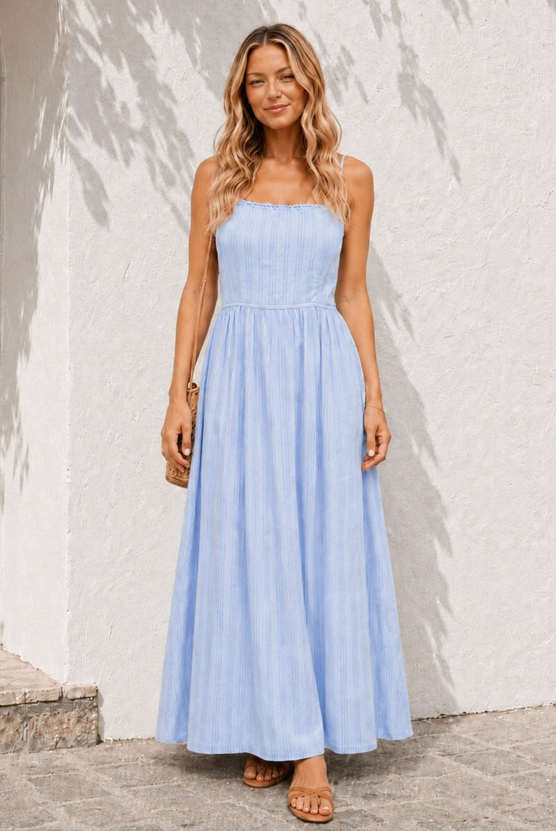 Women's powder blue cotton maxi dress with square neckline, the Janiella Dress in Powder Blue by Esther & Co