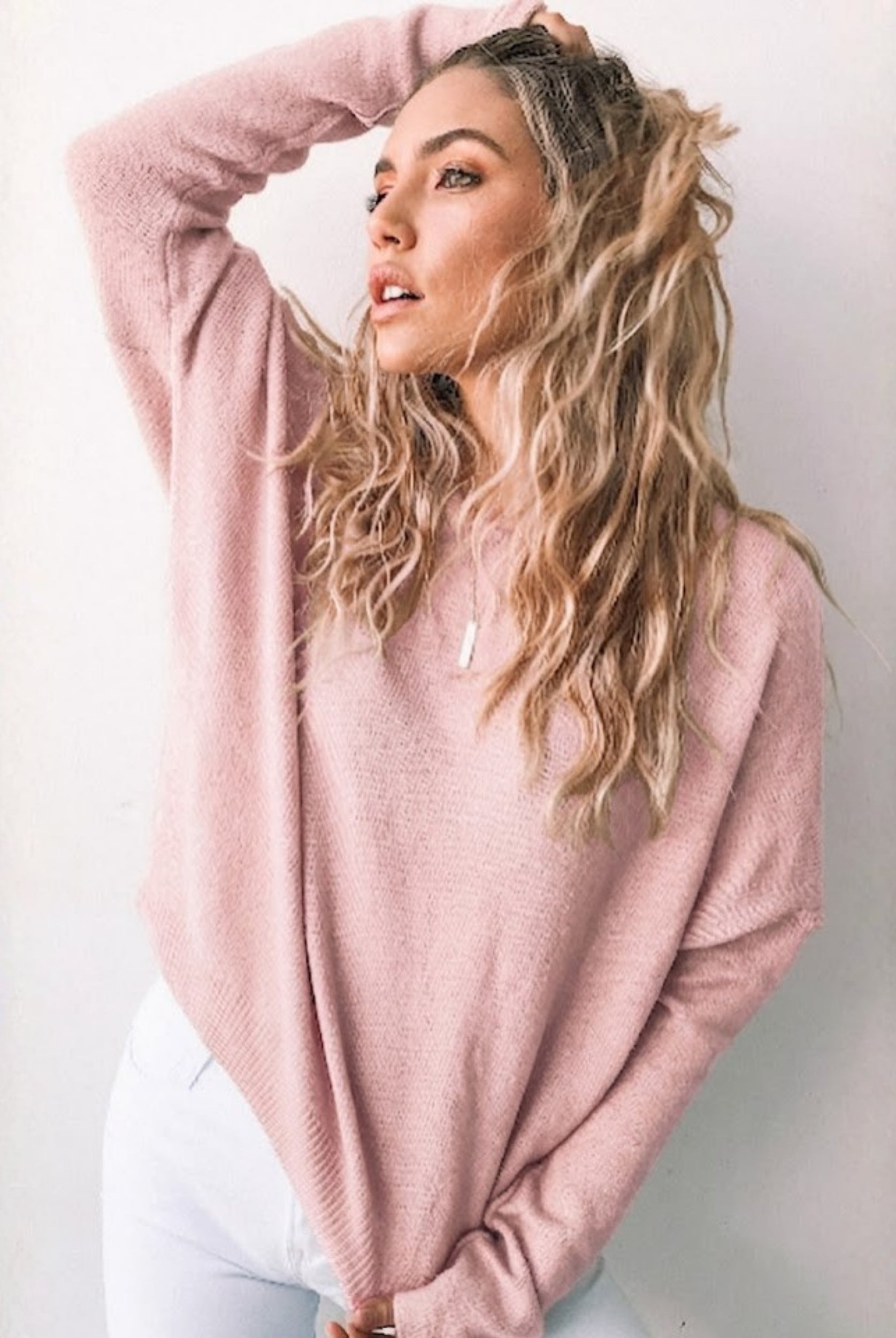 Joansy Knit in Light Pink womens ribbed knit jumper in soft light pink front view