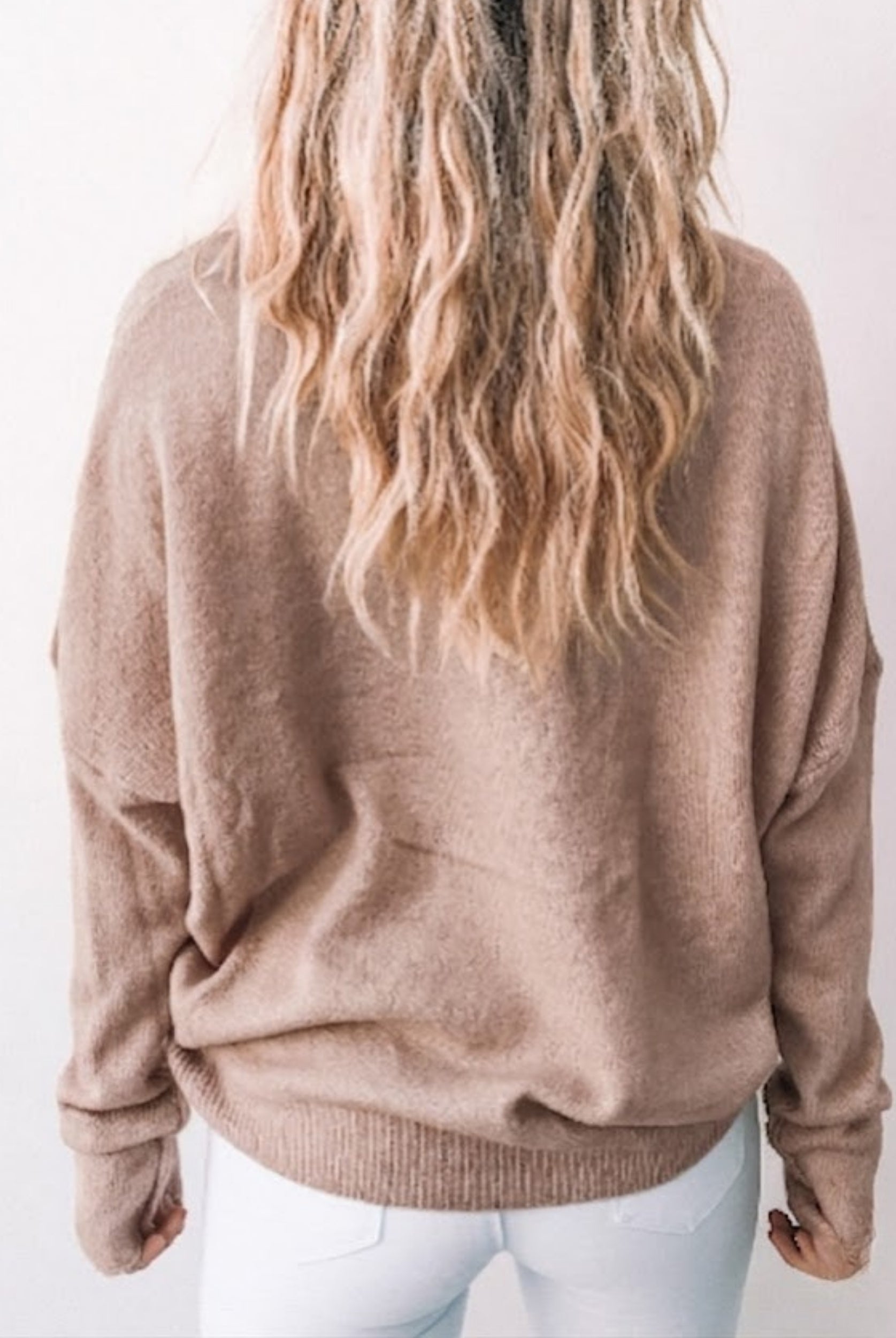 Joansy Knit in Oat womens oat ribbed knit jumper styled outfit