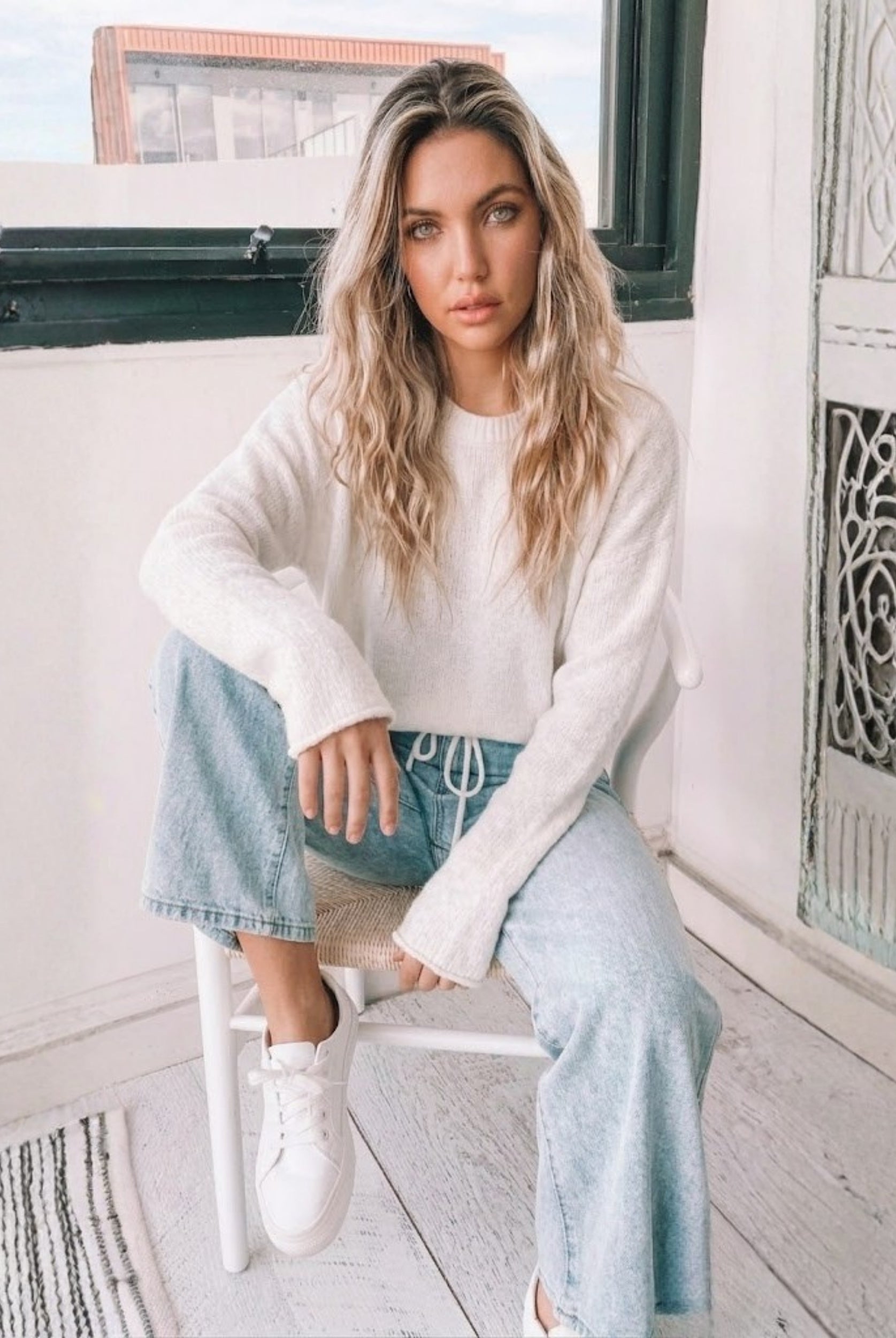Joansy Knit in White womens white ribbed knit jumper styled outfit