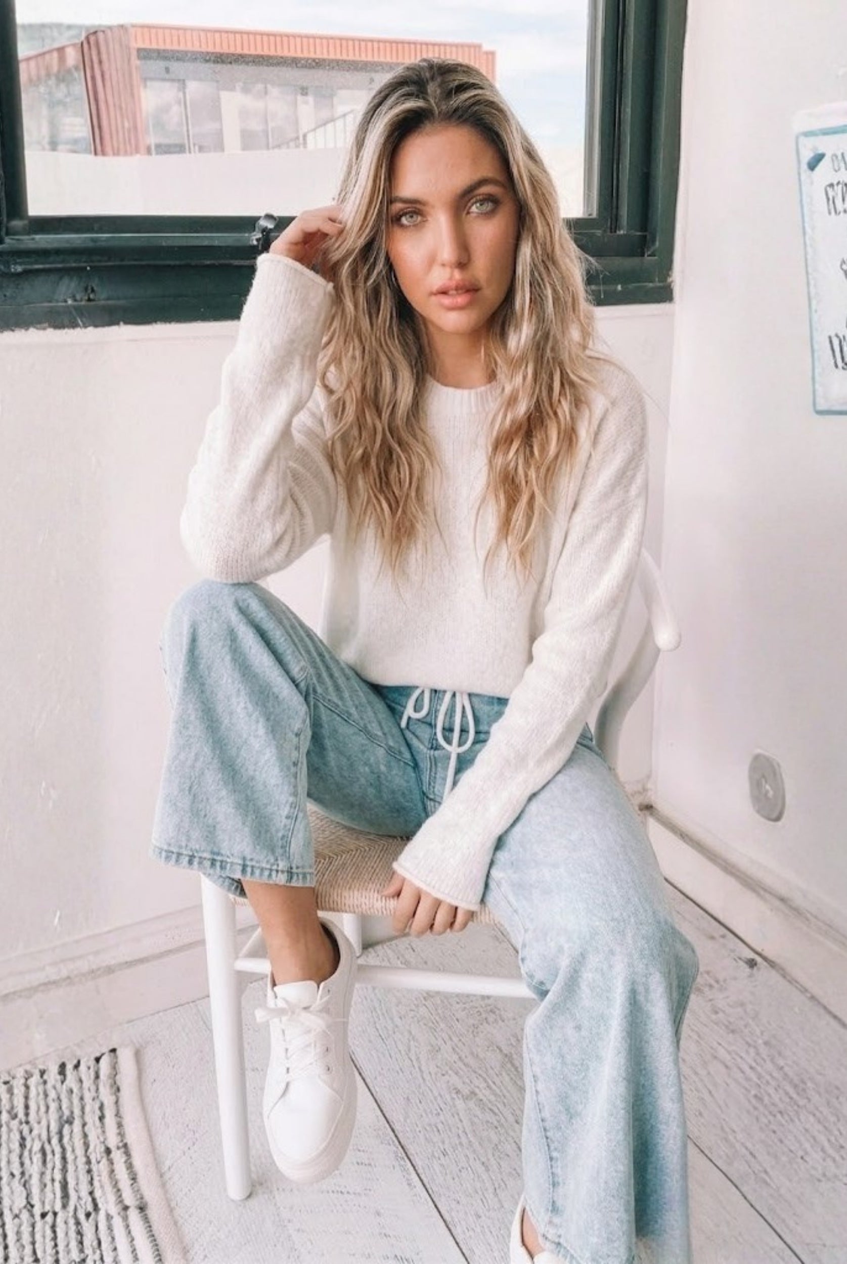 Joansy Knit in White womens ribbed knit jumper in crisp white front view