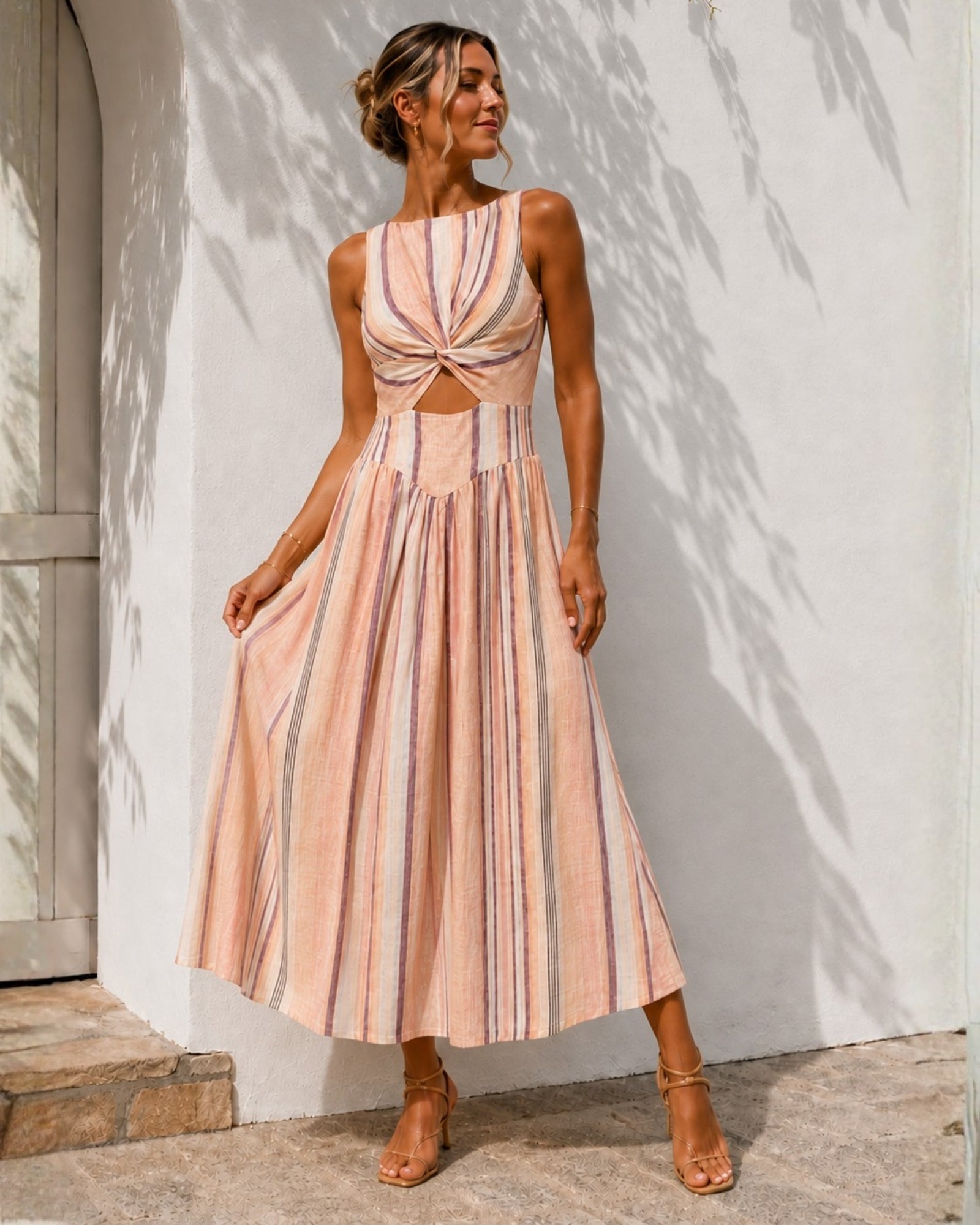 Women's multi stripe midi dress front view, the Jolene Dress in Multi Stripe by Esther & Co