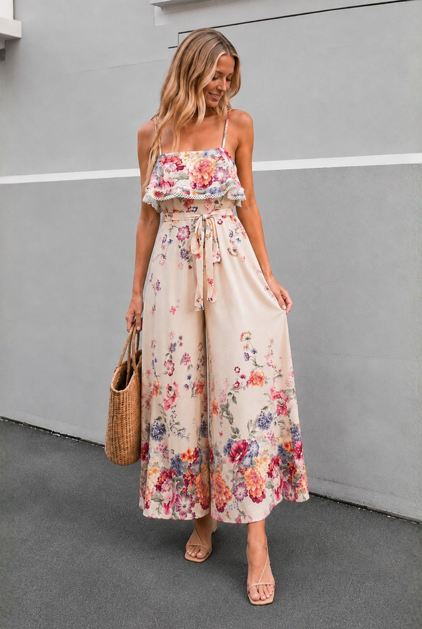 Women's square neck floral print wide leg jumpsuit, the Kaielle Jumpsuit in Floral Harmony by Esther & Co