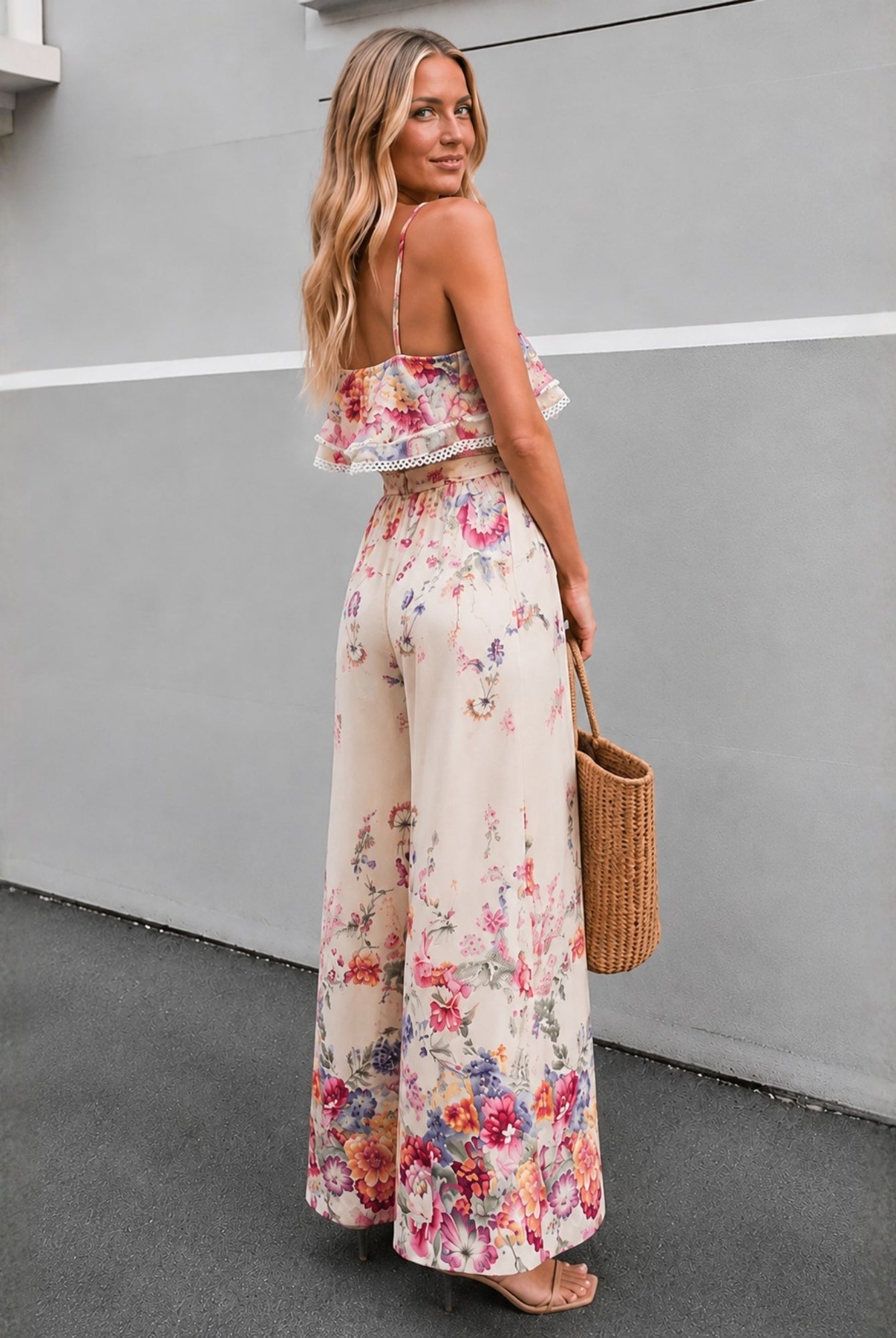 Women's floral print wide leg jumpsuit with a square neckline, the Kaielle Jumpsuit in Floral Harmony by Esther & Co