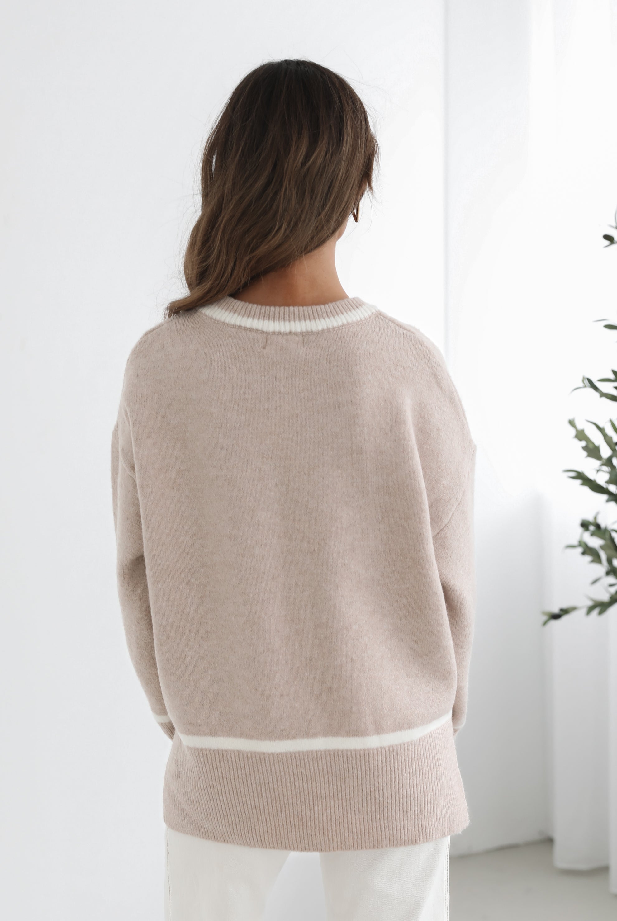 Kaliyah Knit in Beige Multi womens relaxed wool blend knit styled outfit