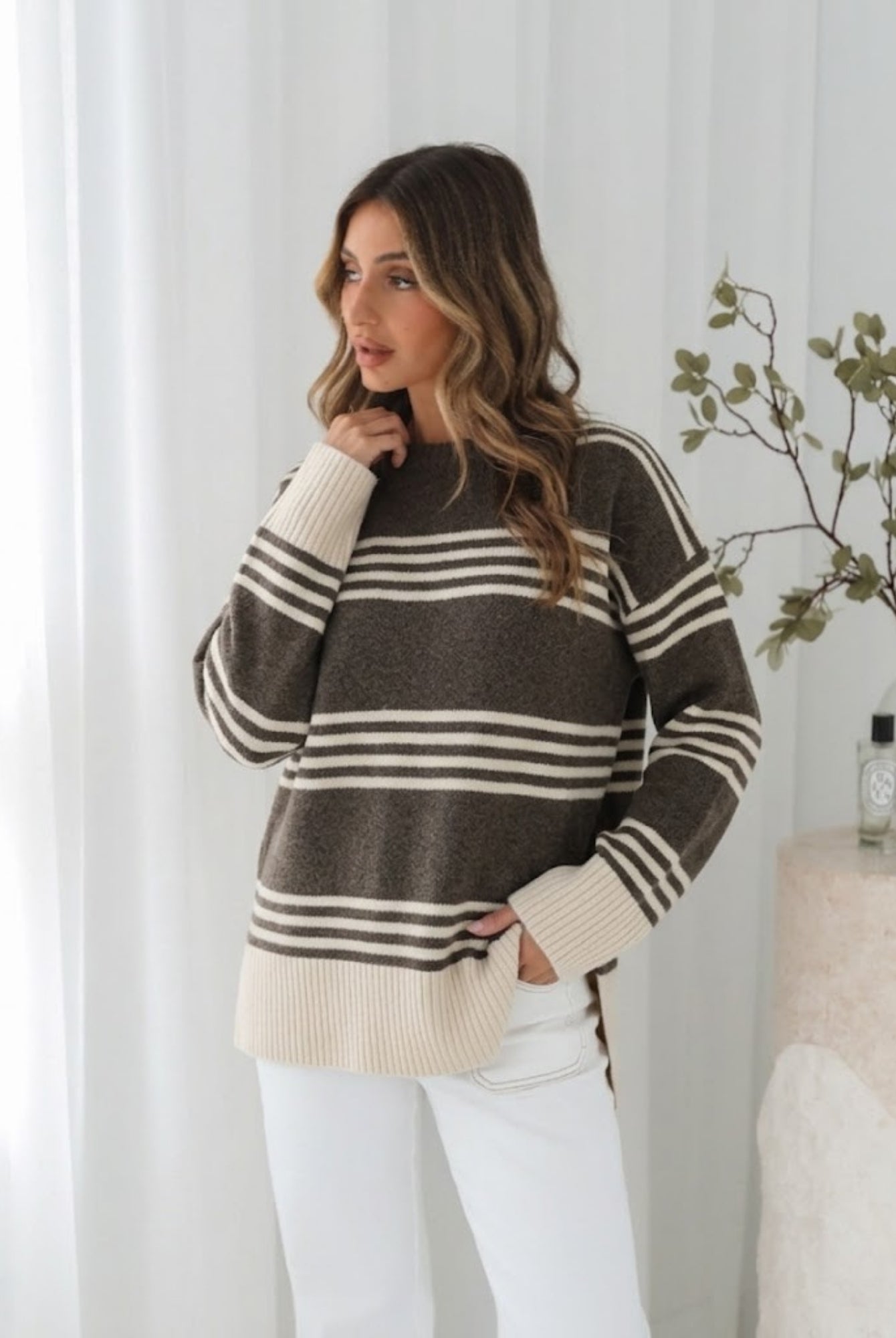 Kessie Knit in Choc Stripe womens chocolate stripe knit jumper styled outfit