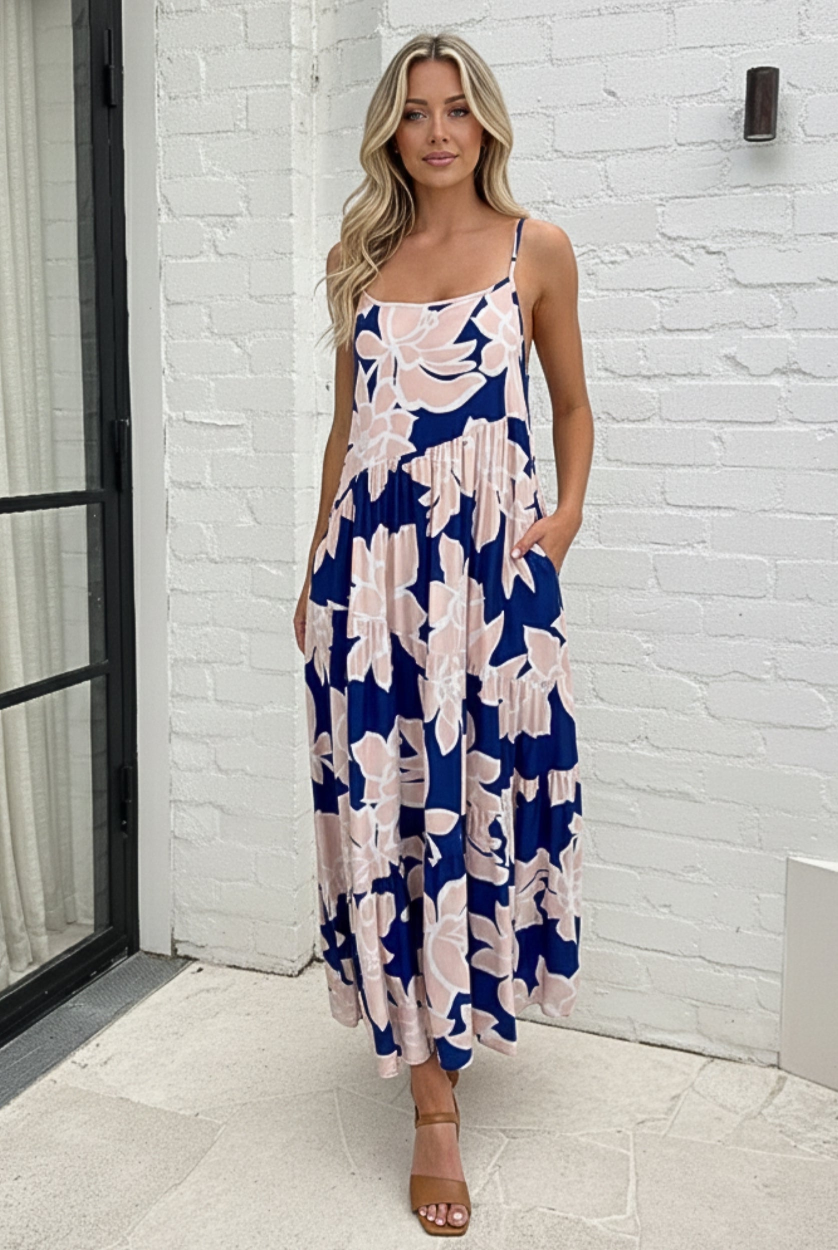 Women's navy floral maxi dress styled outfit by Esther & Co