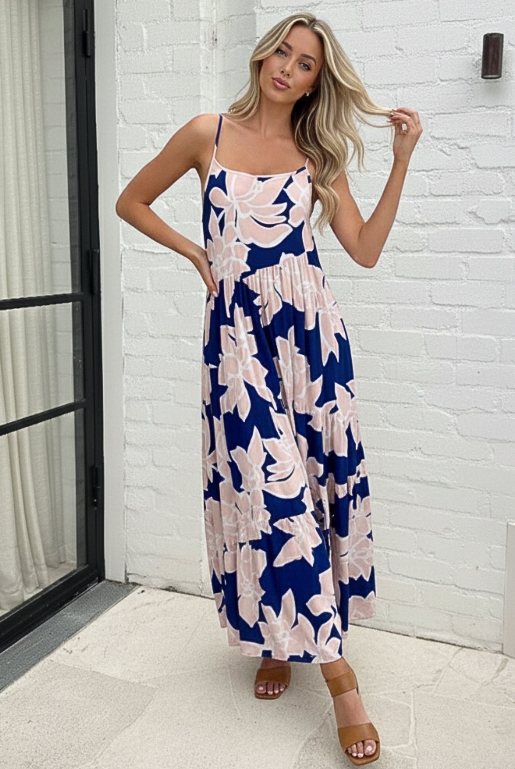 Women's navy floral print maxi dress full length view by Esther & Co