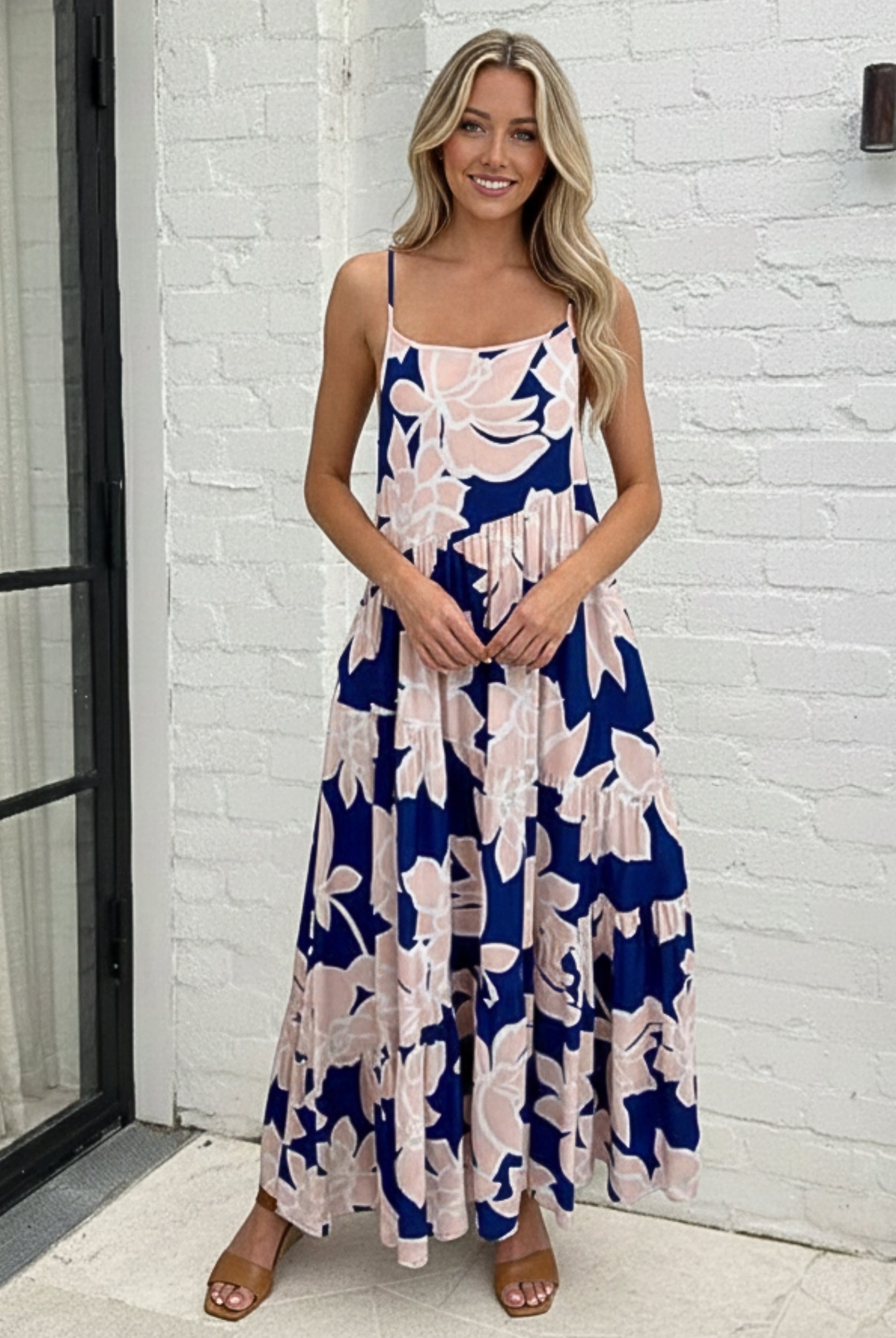 Women's navy print maxi dress side view by Esther & Co