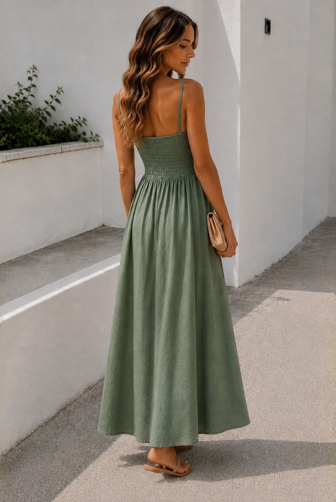 Women's olive green button front midi dress side view by Esther & Co