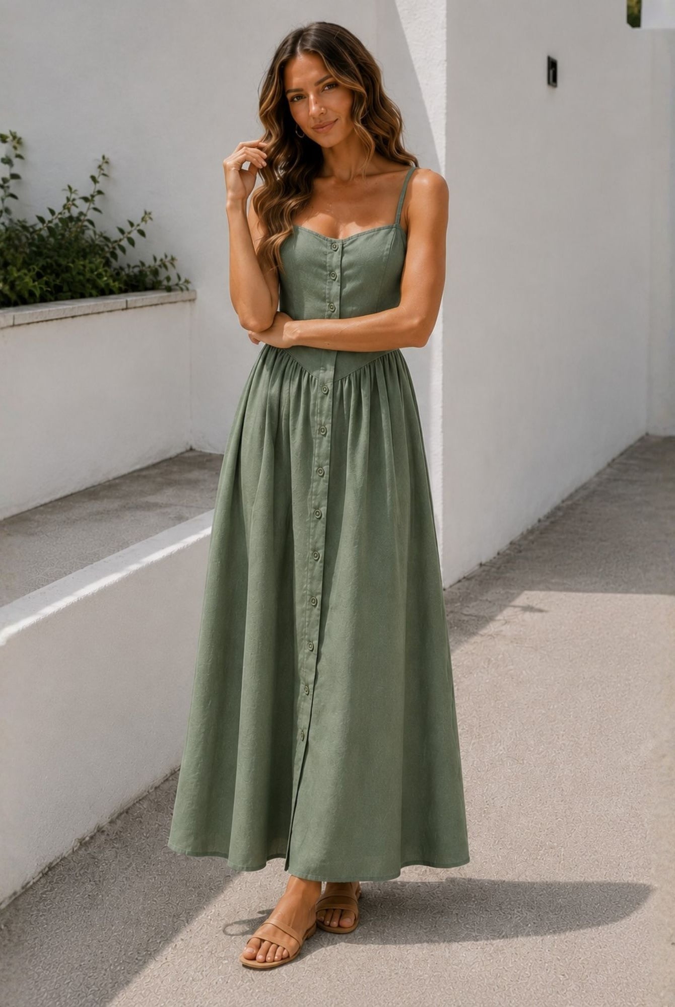 Women's olive green square neck linen midi dress front view by Esther & Co