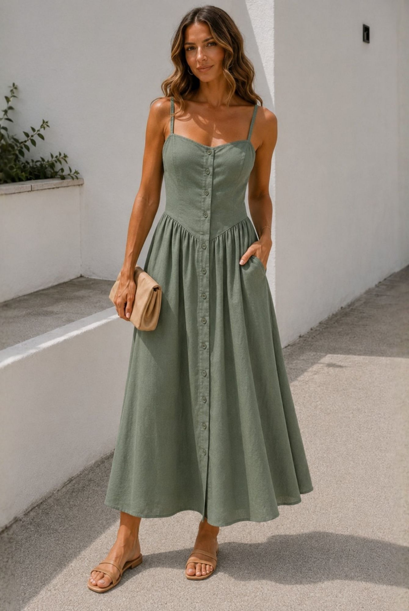 Women's olive green linen button front midi dress, the Kiernan Dress in Olive Grove by Esther & Co