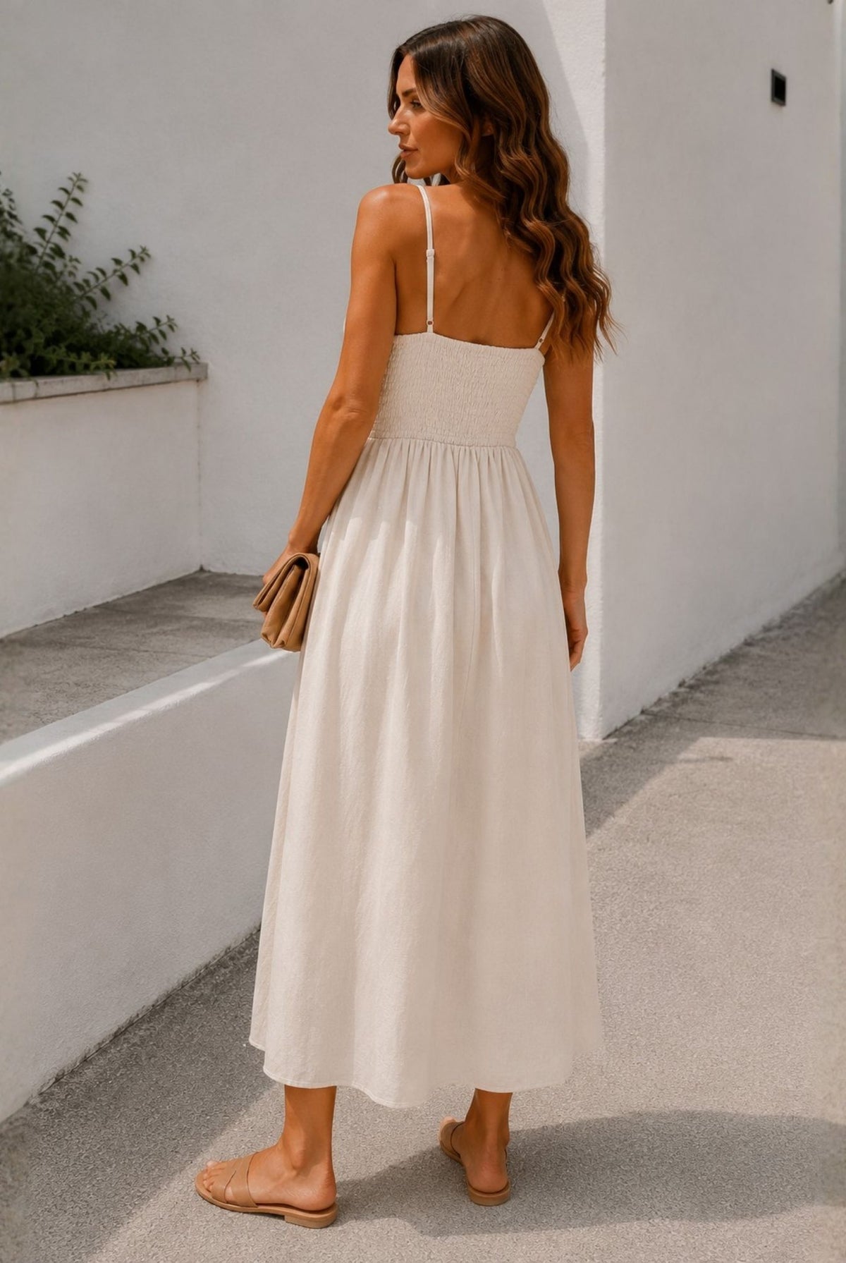 Women's cream square neck linen midi dress front view by Esther & Co