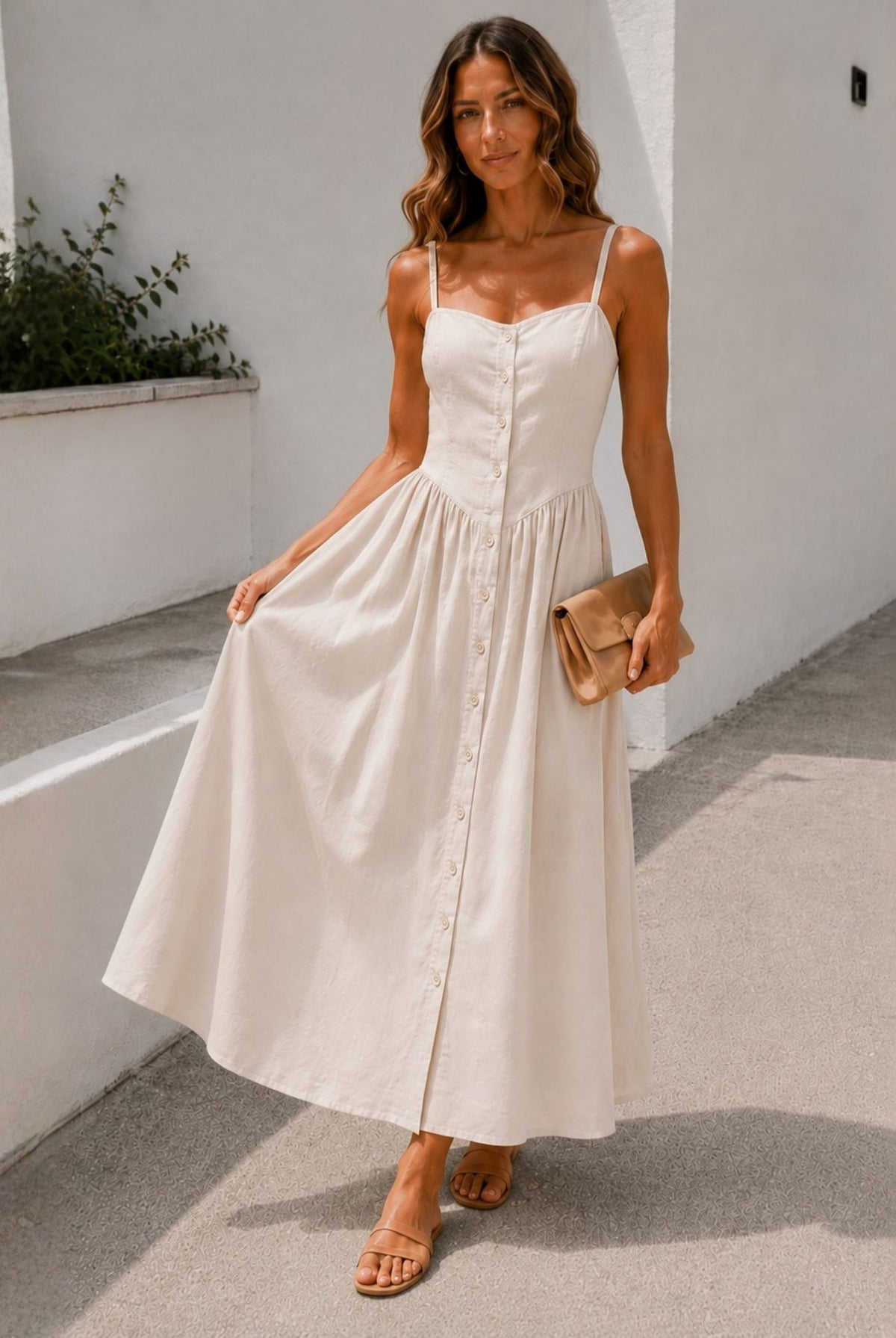 Women's cream button front midi dress side view by Esther & Co