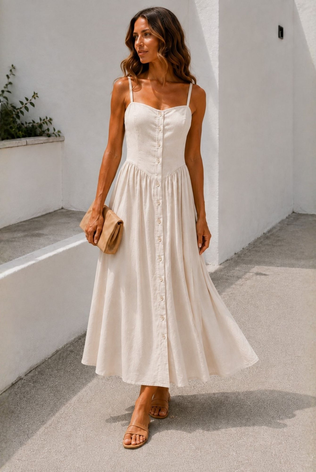 Women's cream linen button front midi dress, the Kiernan Dress in Vanilla Mist by Esther & Co
