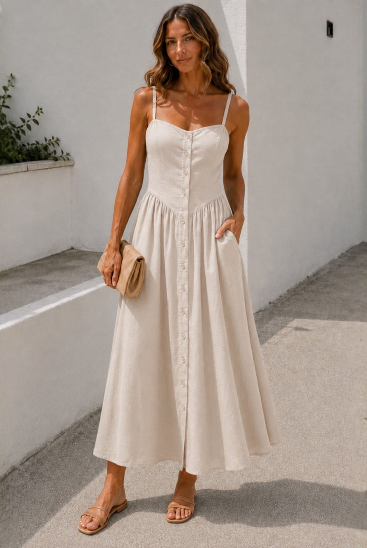Women's cream linen midi dress styled outfit by Esther & Co