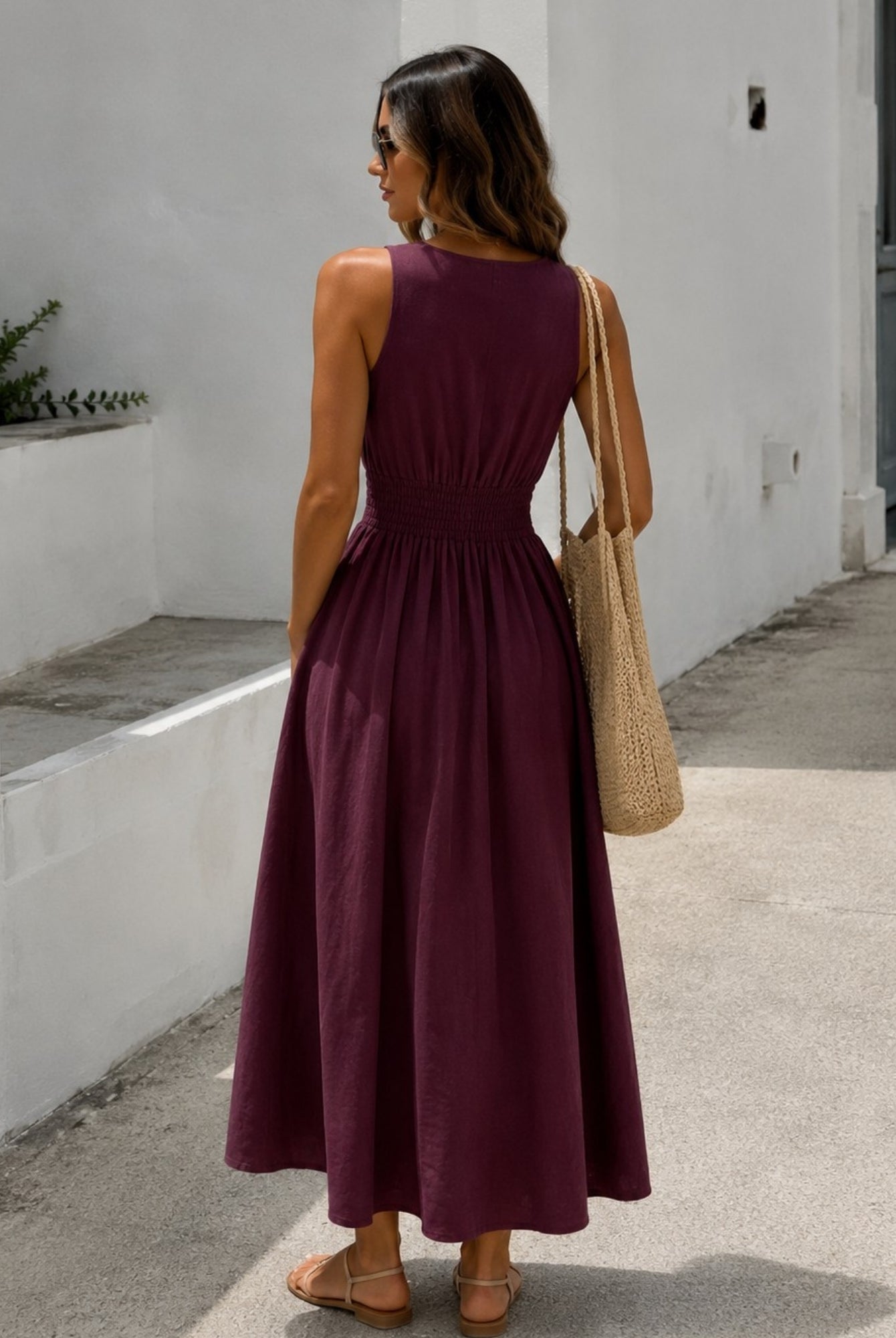 Women's plum sleeveless linen midi dress, the Kirah Dress in Plum by Esther & Co