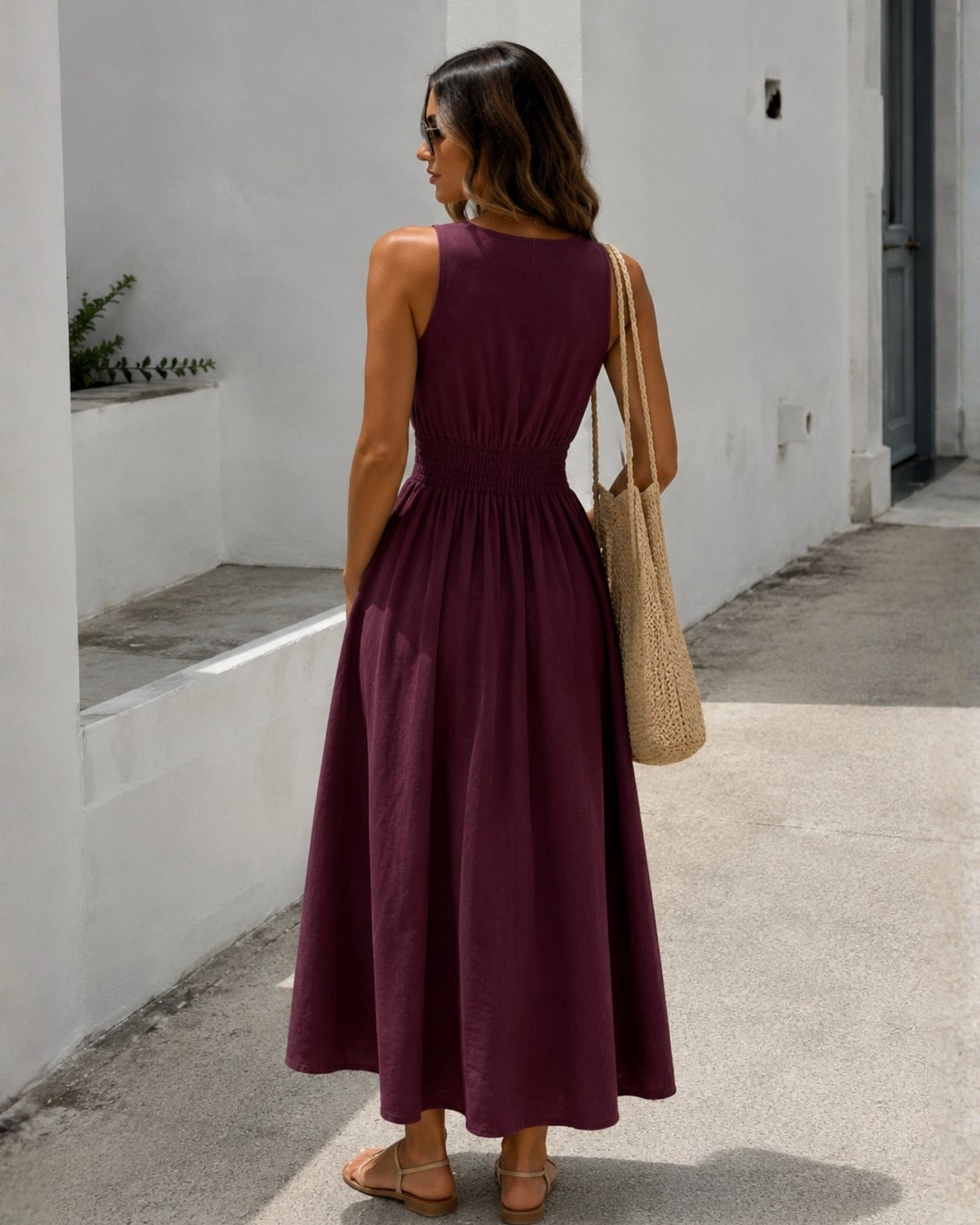 Women's plum sleeveless linen midi dress, the Kirah Dress in Plum by Esther & Co
