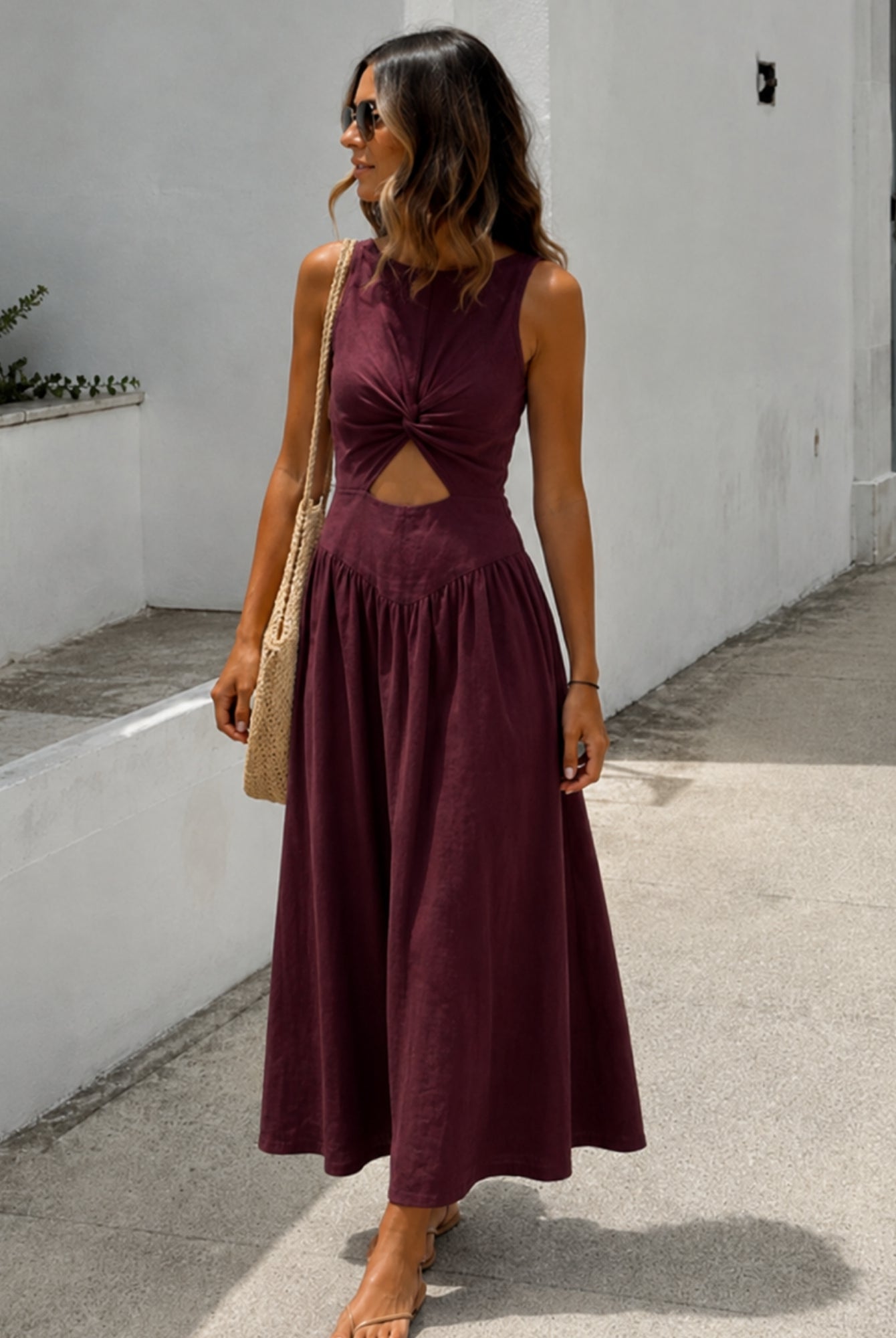 Women's plum linen midi dress full length view, the Kirah Dress in Plum by Esther & Co