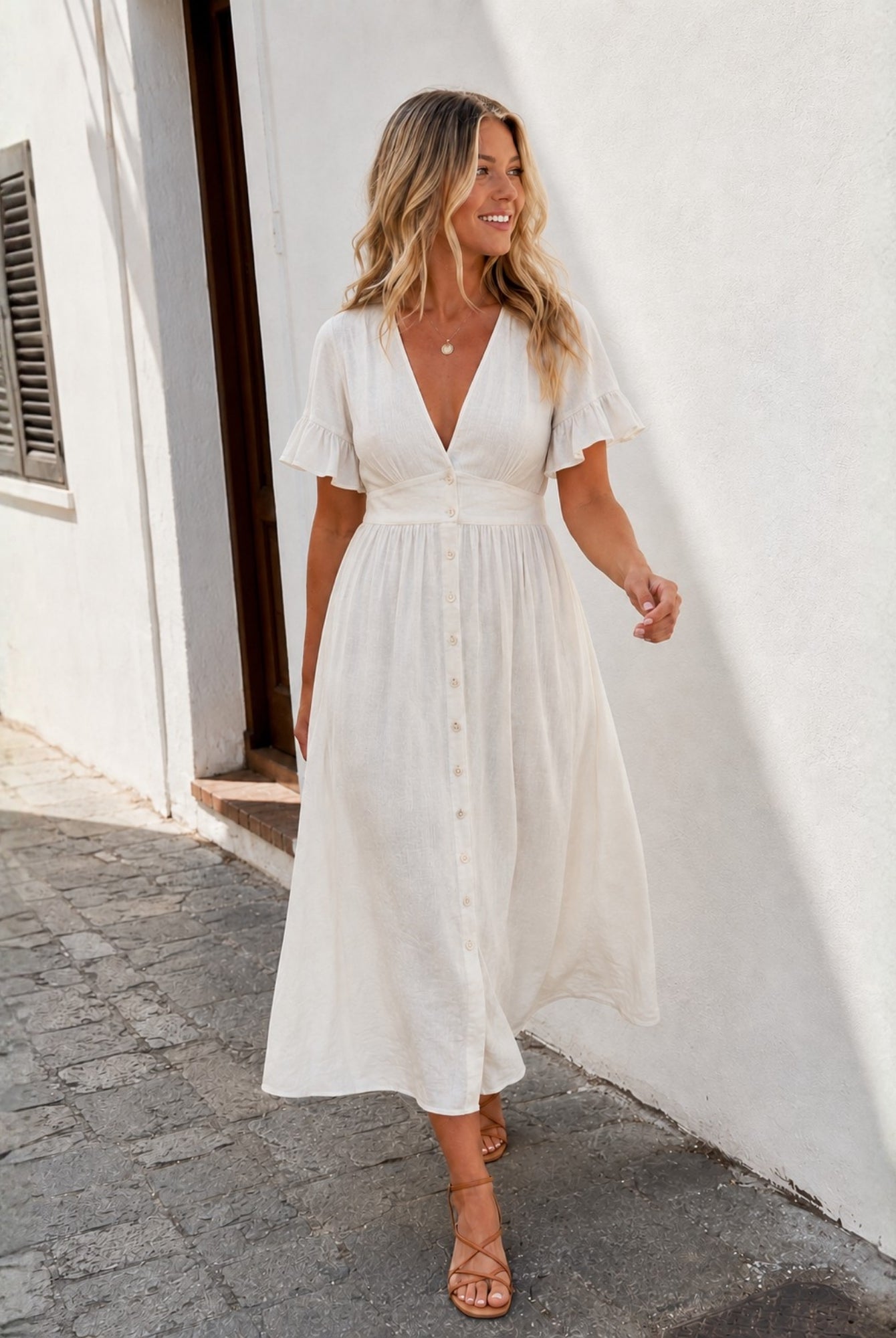 Women's beige linen midi dress, the Korbela Dress in Beige by Esther & Co