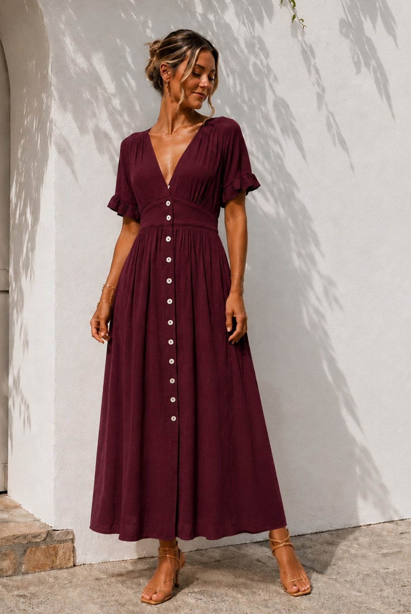 Women's bordeaux linen midi dress, the Korbela Dress in Bordeaux by Esther & Co